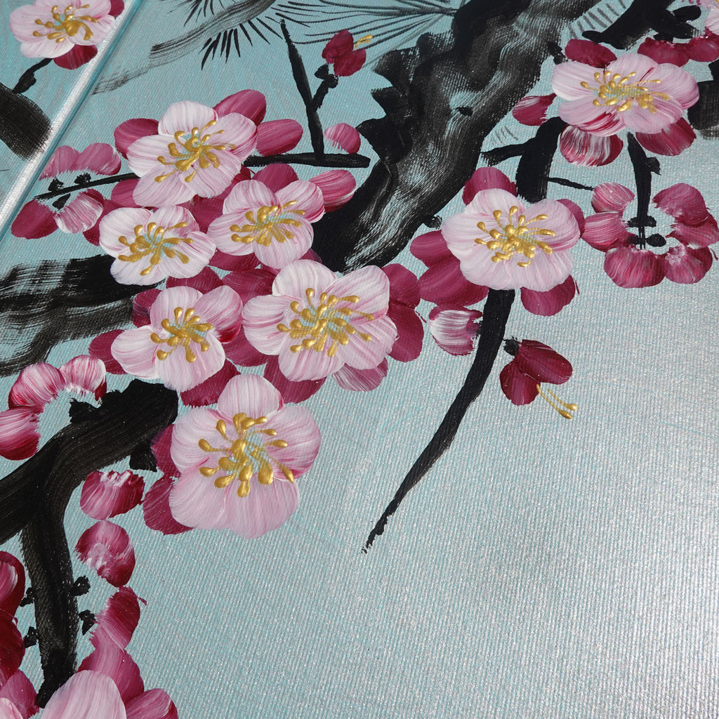 Sakura and love birds J232 is a large Japanese silver triptych by Ksavera