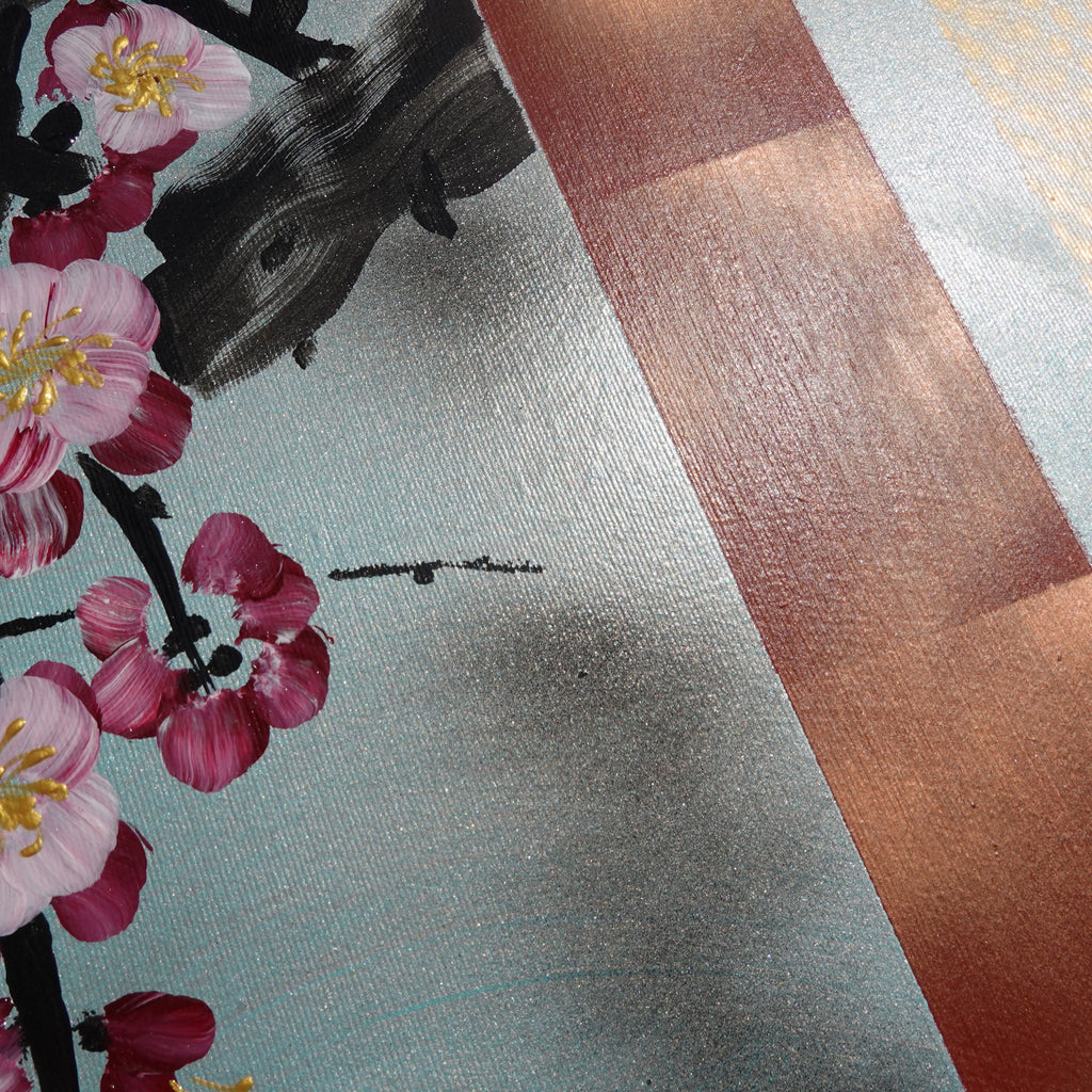 Sakura and love birds J232 is a large Japanese silver triptych by Ksavera