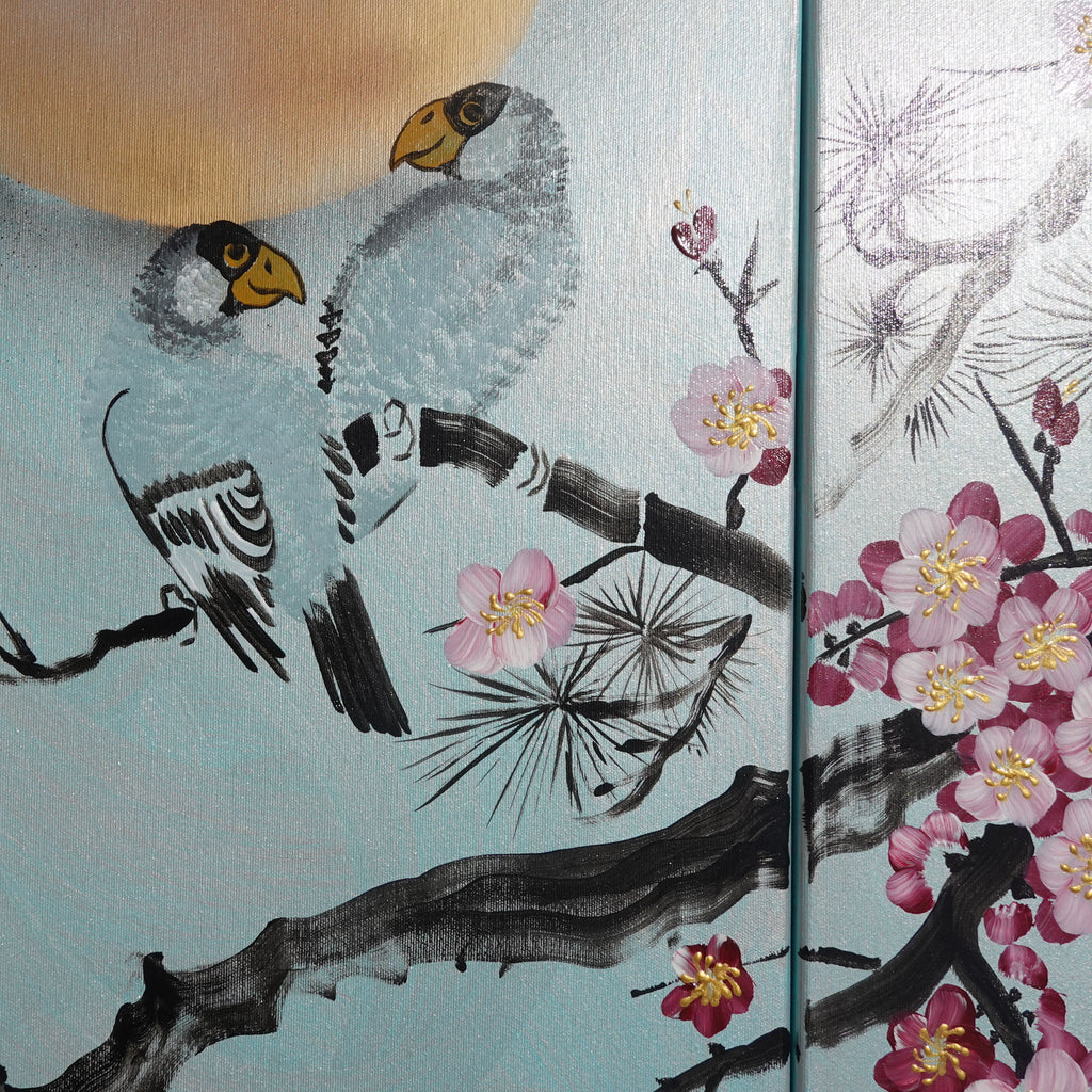 Sakura and love birds J232 is a large Japanese silver triptych by Ksavera