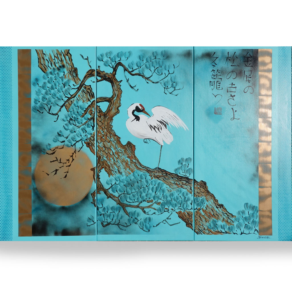 Japanese crane and pine J233 - Large turquoise triptych - original painting by Ksavera