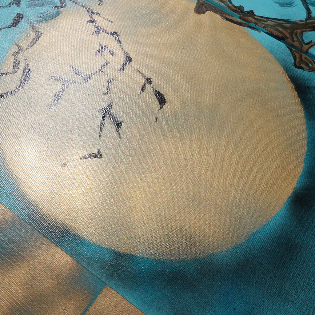 Japanese crane and pine J233 - Large turquoise triptych - original painting by Ksavera