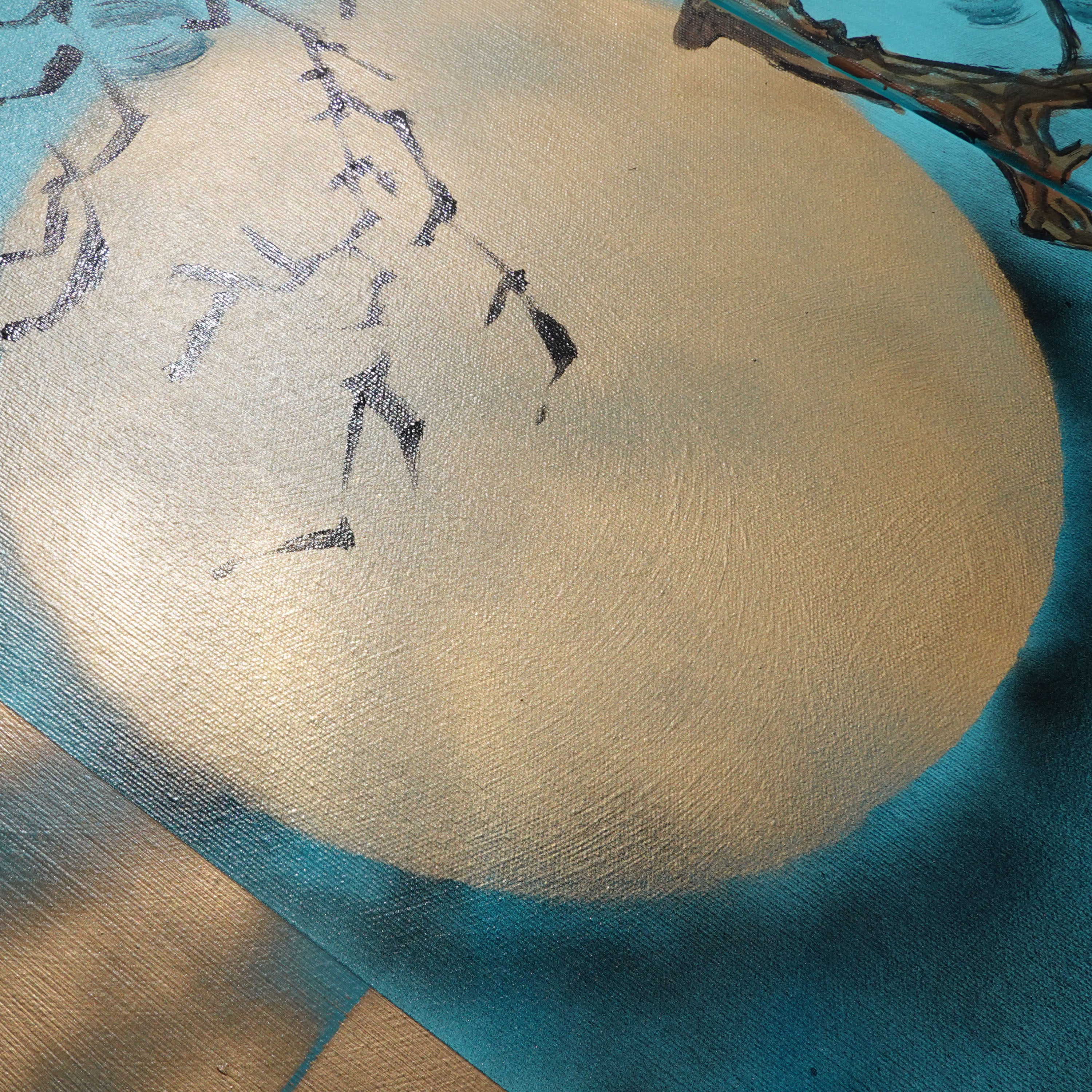 Japanese crane and pine J233 - Large turquoise triptych - original painting by Ksavera