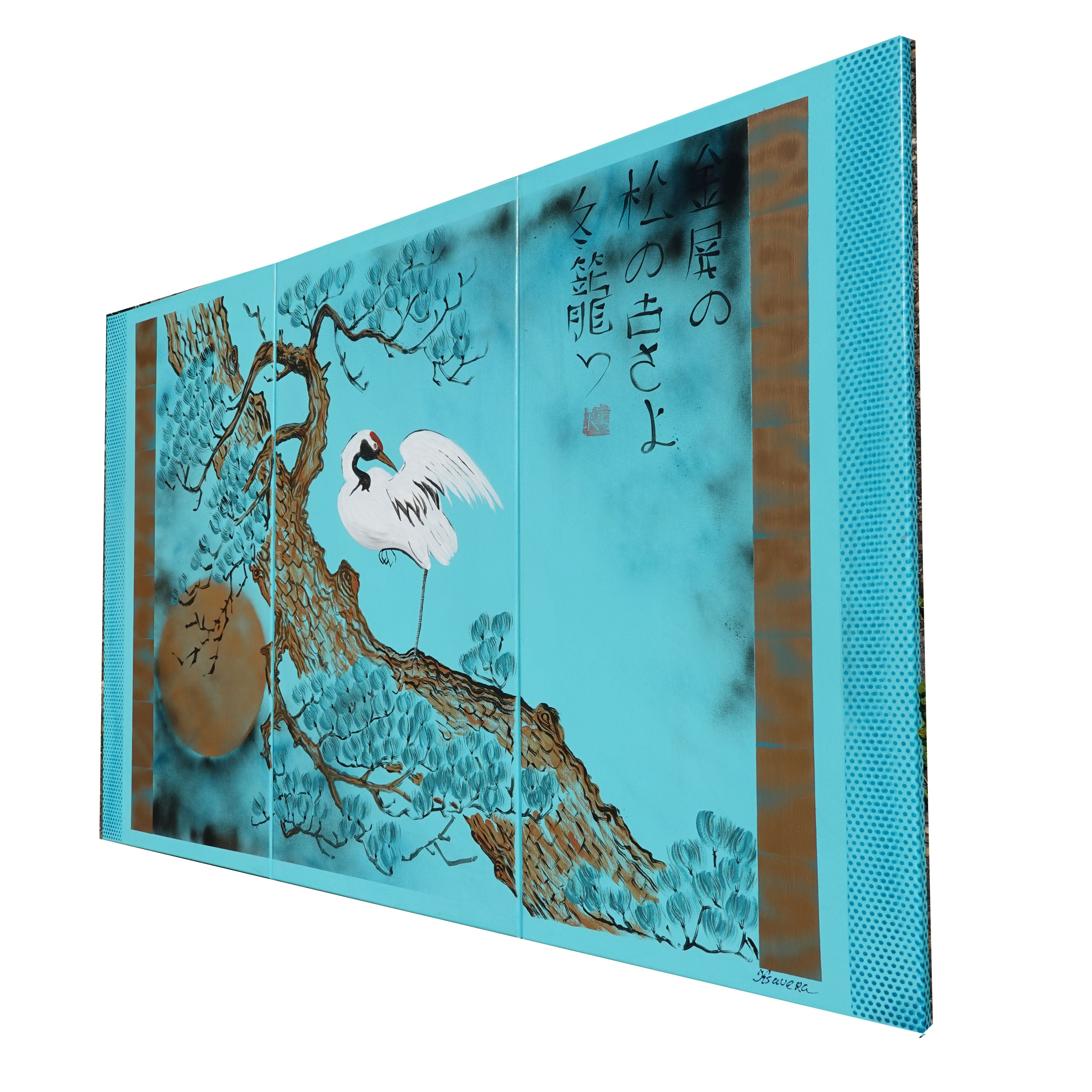 Japanese crane and pine J233 - Large turquoise triptych - original painting by Ksavera