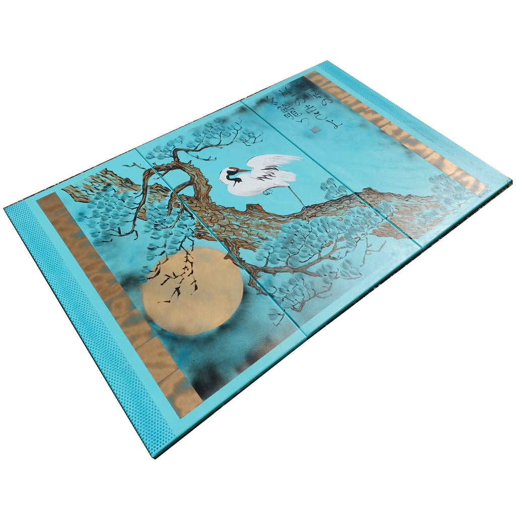 Japanese crane and pine J233 - Large turquoise triptych - original painting by Ksavera