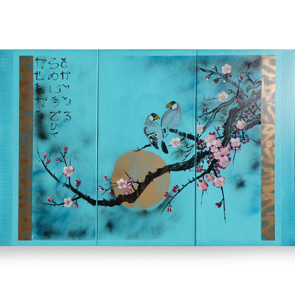 Sakura and love birds J238 is a large Japanese turquoise triptych by Ksavera