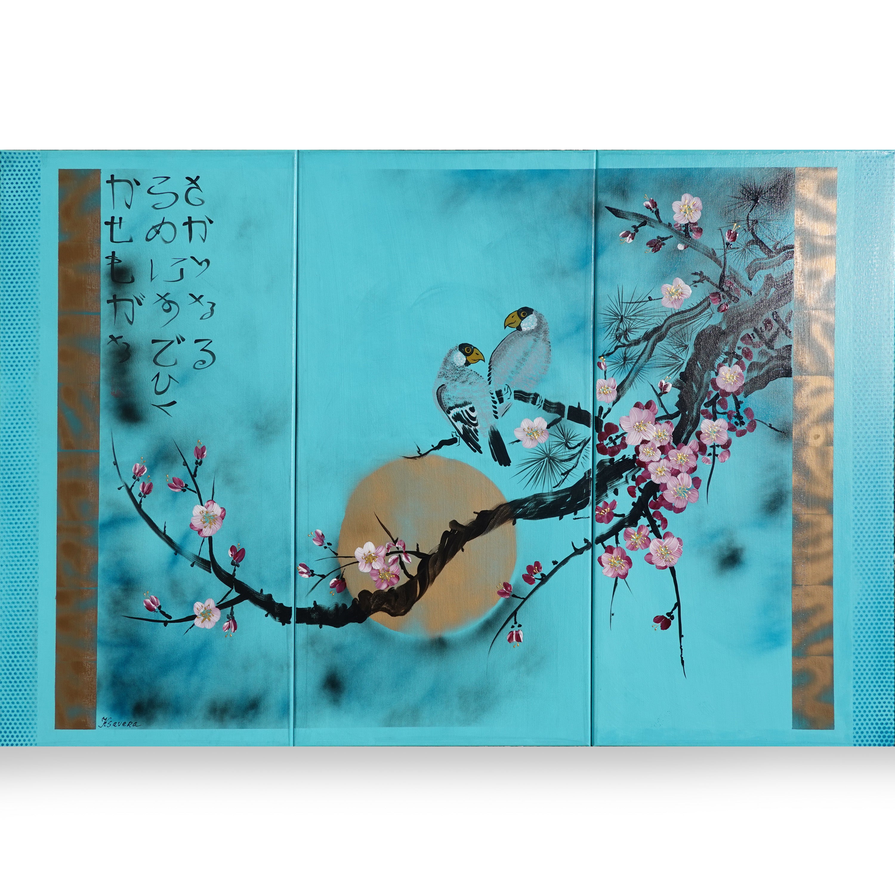 Sakura and love birds J238 is a large Japanese turquoise triptych by Ksavera