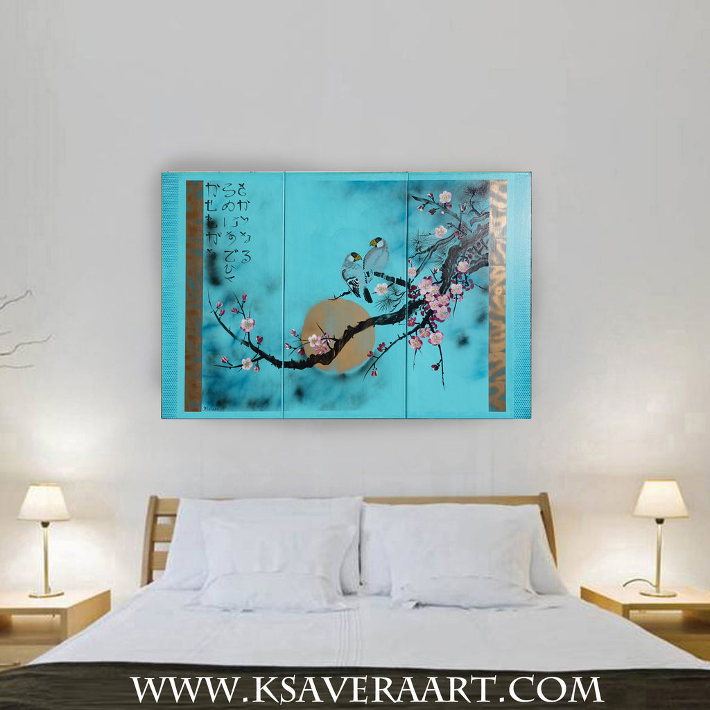 Sakura and love birds J238 is a large Japanese turquoise triptych by Ksavera