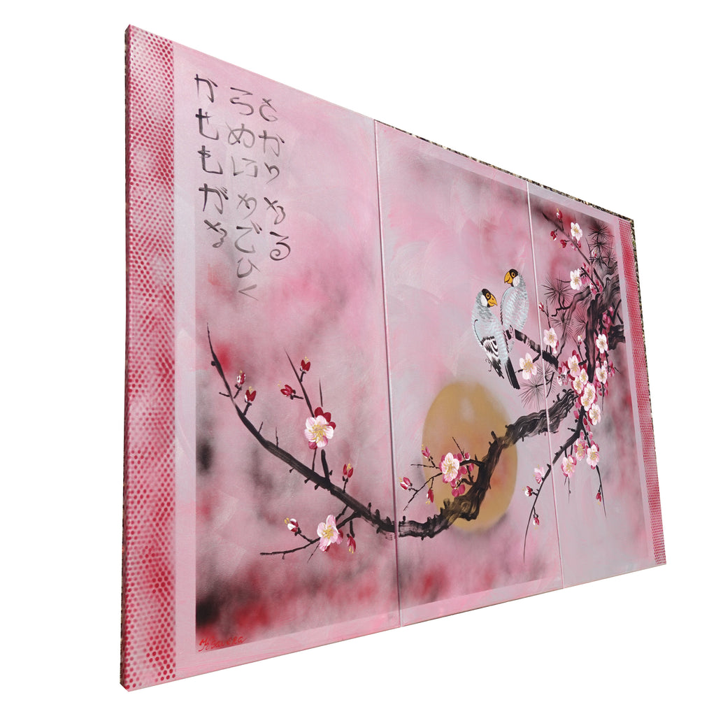 Birds and Sakura J245 — Japanese rose Triptych - Original Acrylic Painting by Ksavera