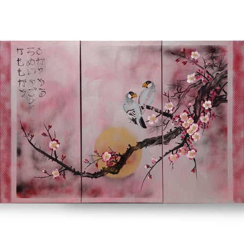 Birds and Sakura J245 — Japanese rose Triptych - Original Acrylic Painting by Ksavera