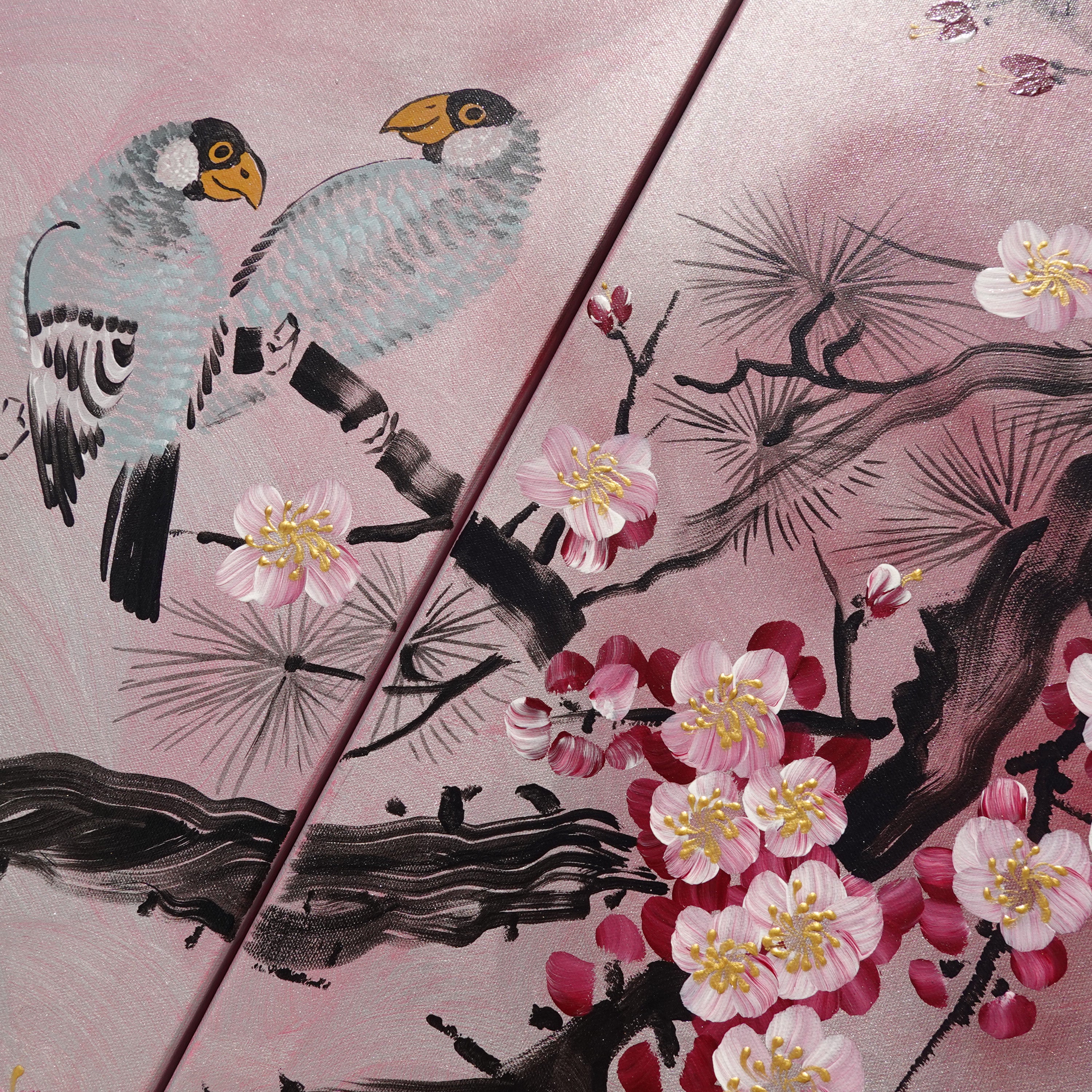 Birds and Sakura J245 is a large-scale Japanese-inspired rose-silver triptych.
Original Acrylic Painting on stretched canvas by artist Ksavera.