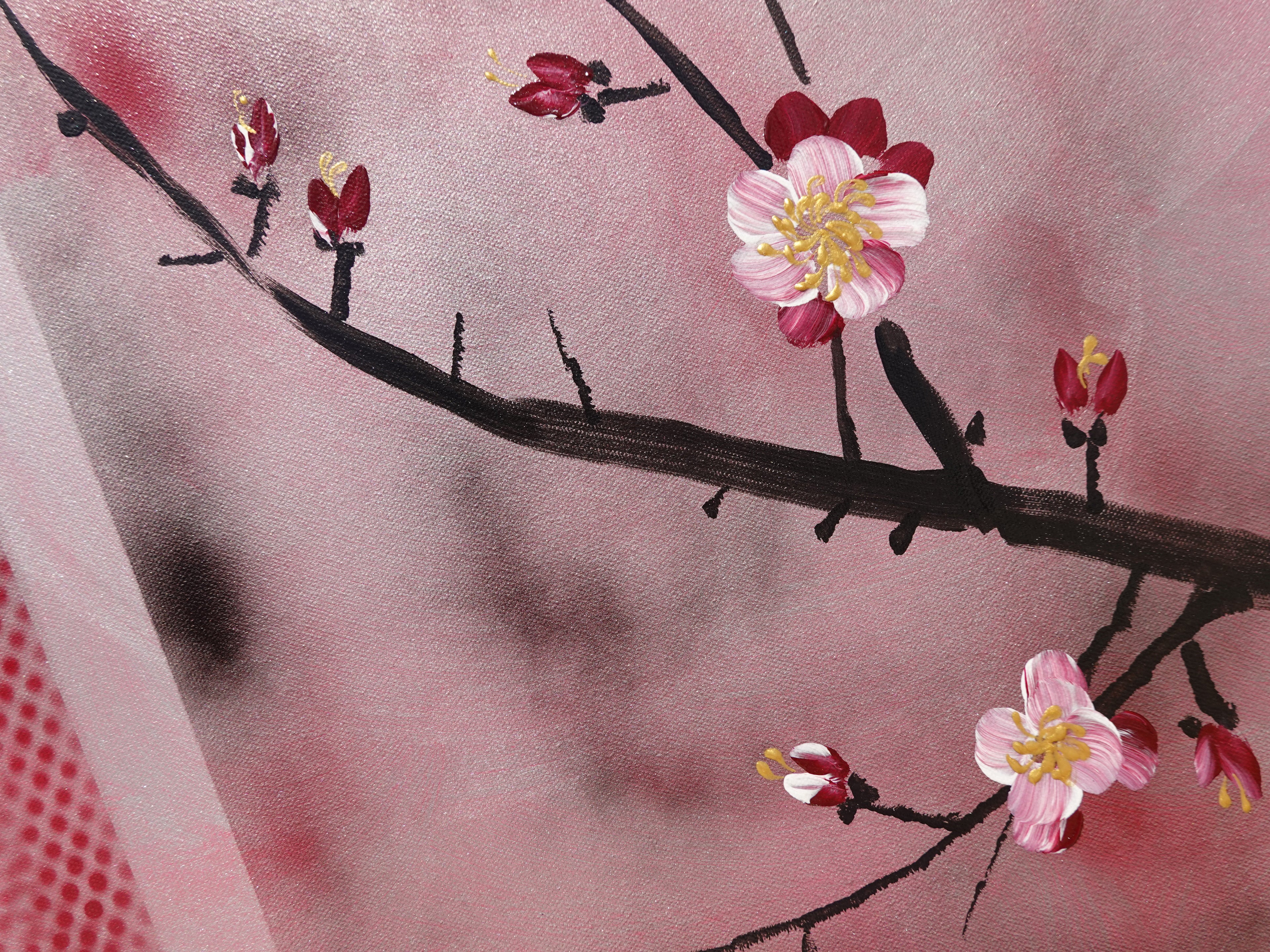 Oiseaux et Sakura J245 — Triptyque de roses japonaises - Peinture acrylique originale de Ksavera