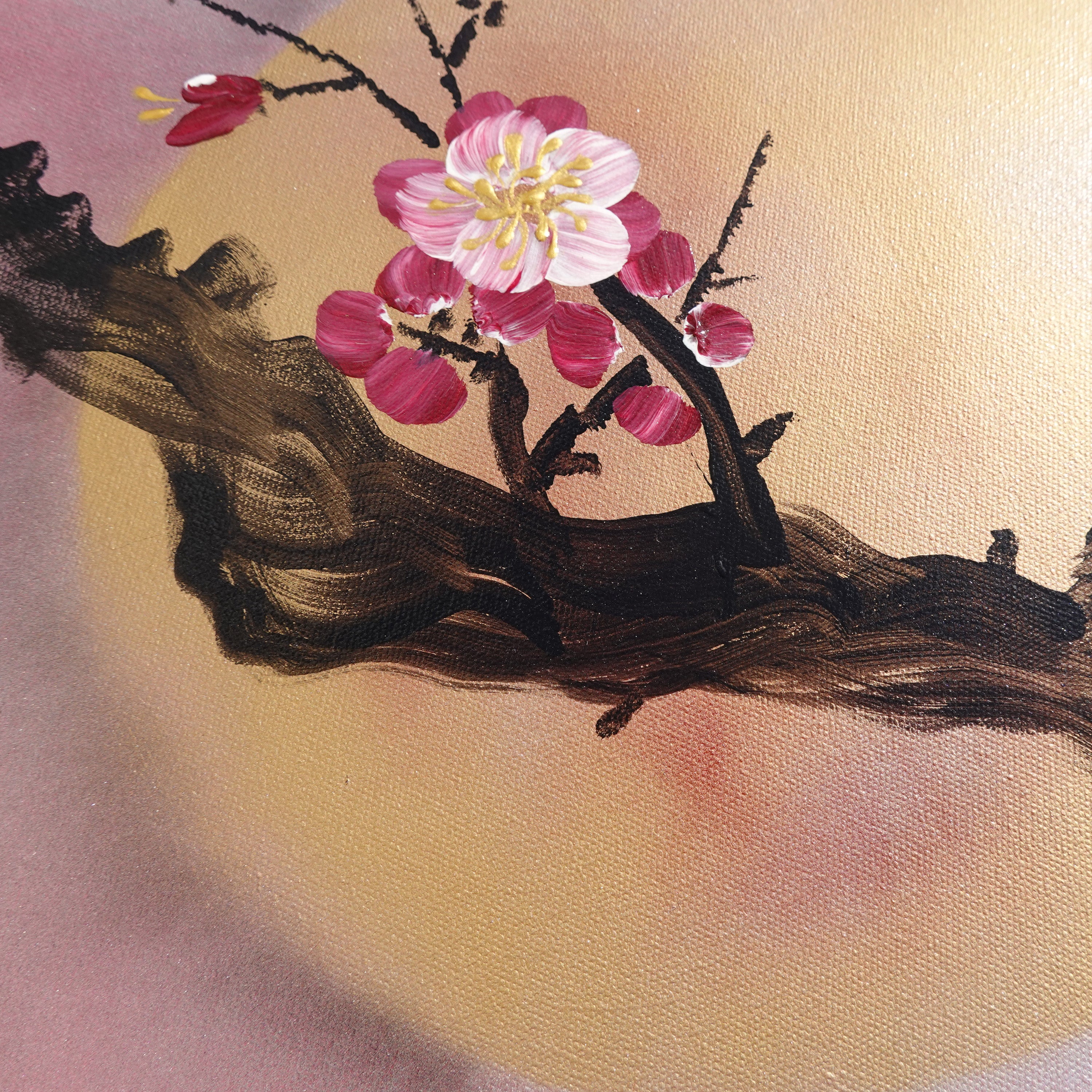 Oiseaux et Sakura J245 — Triptyque de roses japonaises - Peinture acrylique originale de Ksavera