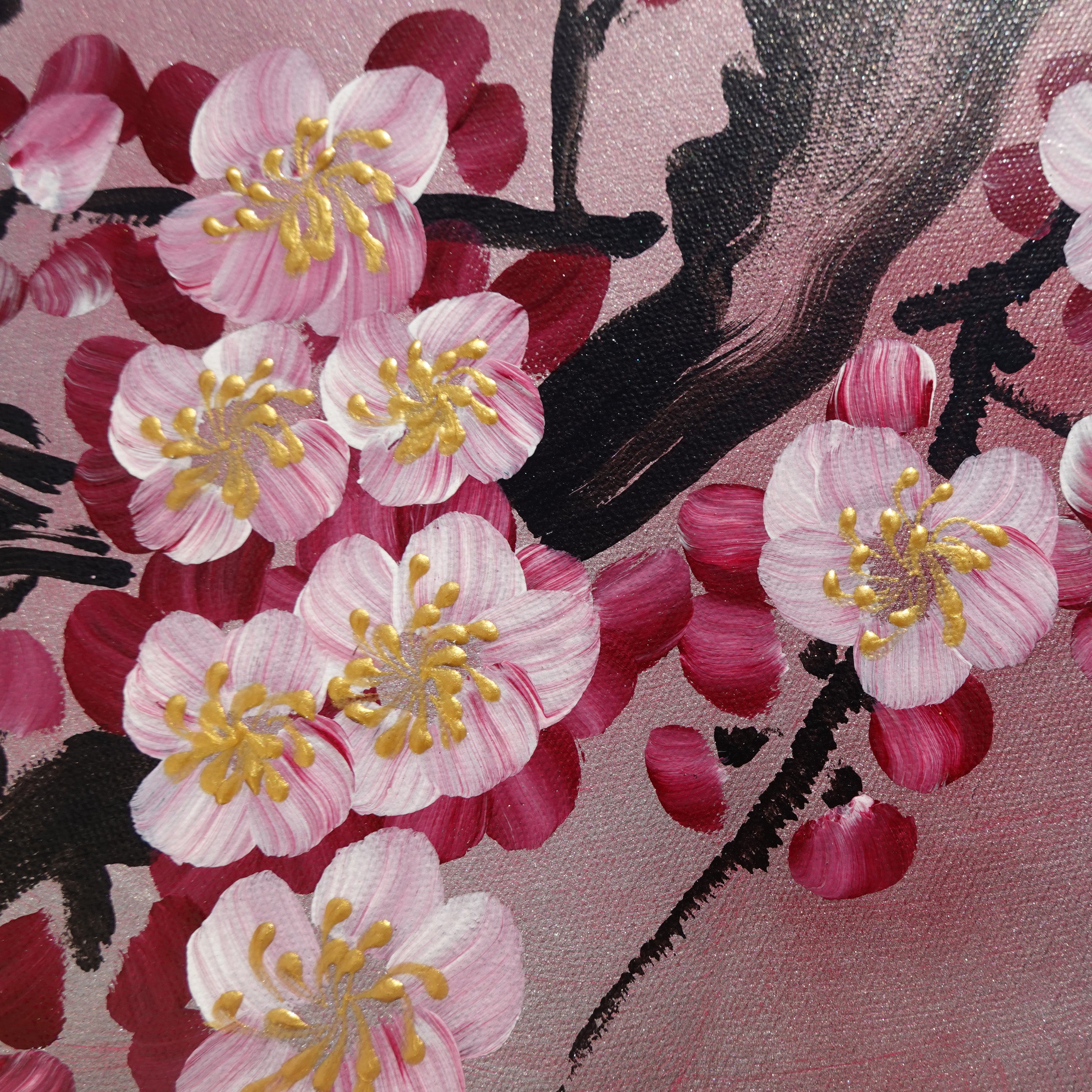 Oiseaux et Sakura J245 — Triptyque de roses japonaises - Peinture acrylique originale de Ksavera