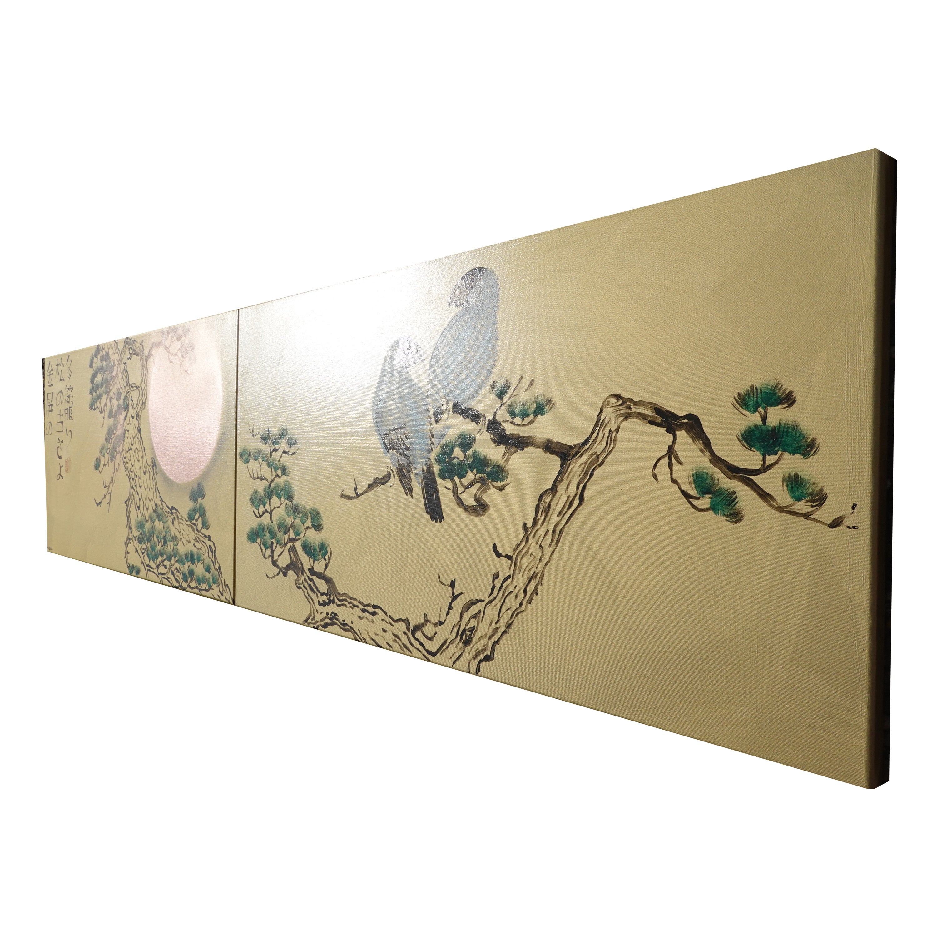 Pine and love birds J250 is a long Japanese gold diptych - Original Acrylic Painting on stretched canvas by artist Ksavera