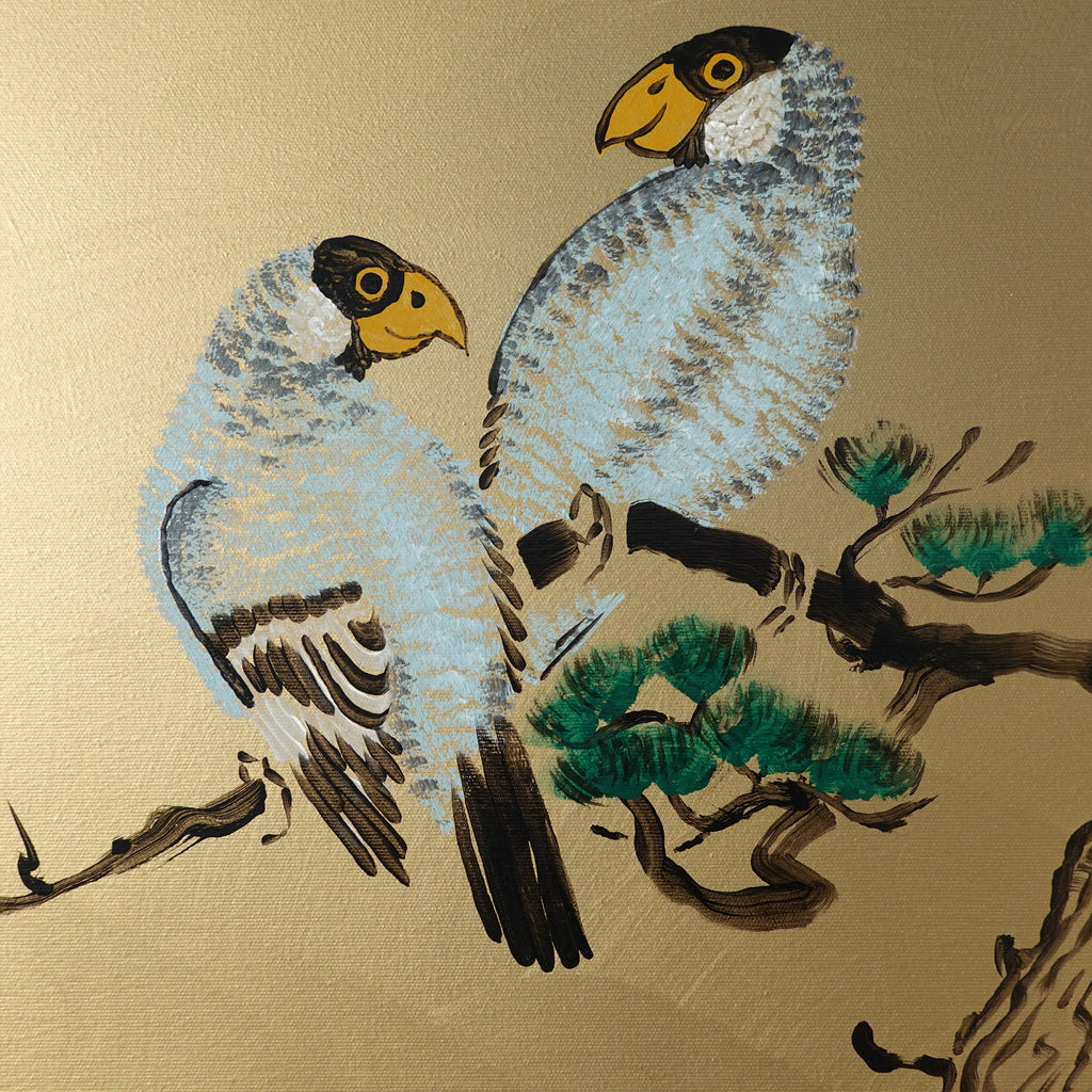 Pine and love birds J250 is a long Japanese gold diptych - Original Acrylic Painting on stretched canvas by artist Ksavera