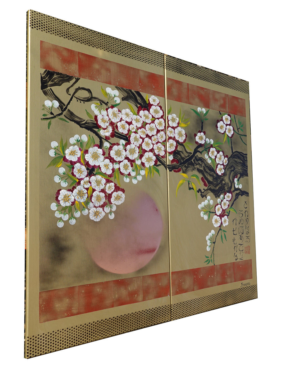 Sakura J345 is a large-scale Japanese-inspired gold diptych.
Original Acrylic Painting on stretched canvas by artist Ksavera.