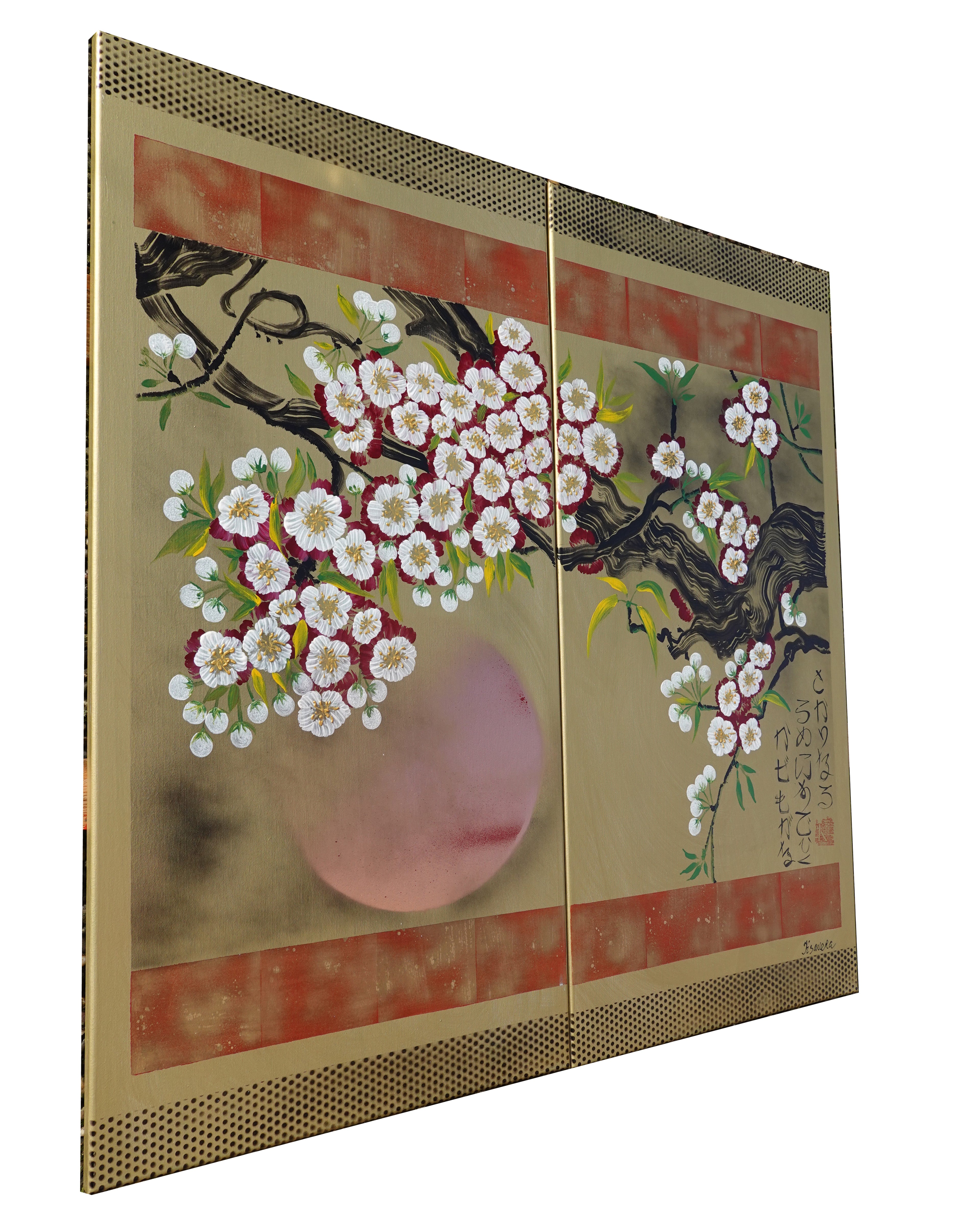 Sakura J345 is a large-scale Japanese-inspired gold diptych.
Original Acrylic Painting on stretched canvas by artist Ksavera.