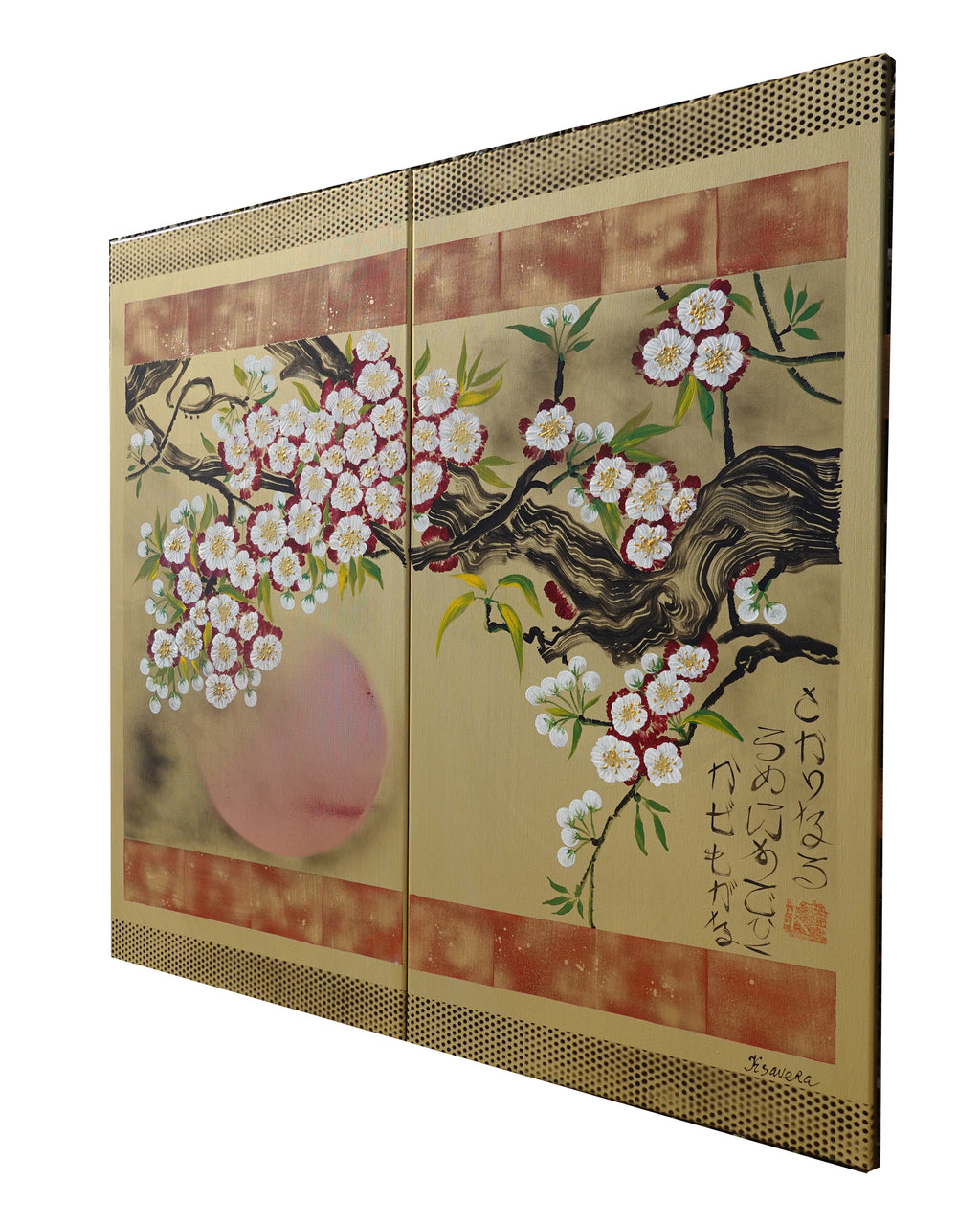 Sakura J345 is a large-scale Japanese-inspired gold diptych.
Original Acrylic Painting on stretched canvas by artist Ksavera.