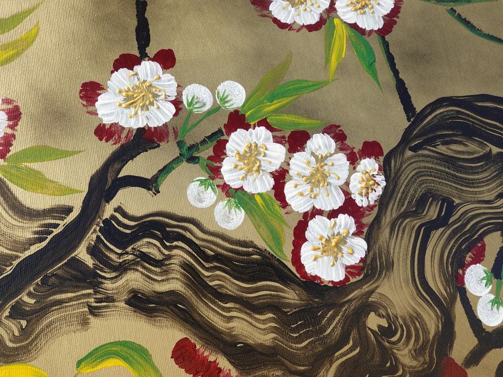 Sakura J345 is a large-scale Japanese-inspired gold diptych.
Original Acrylic Painting on stretched canvas by artist Ksavera.