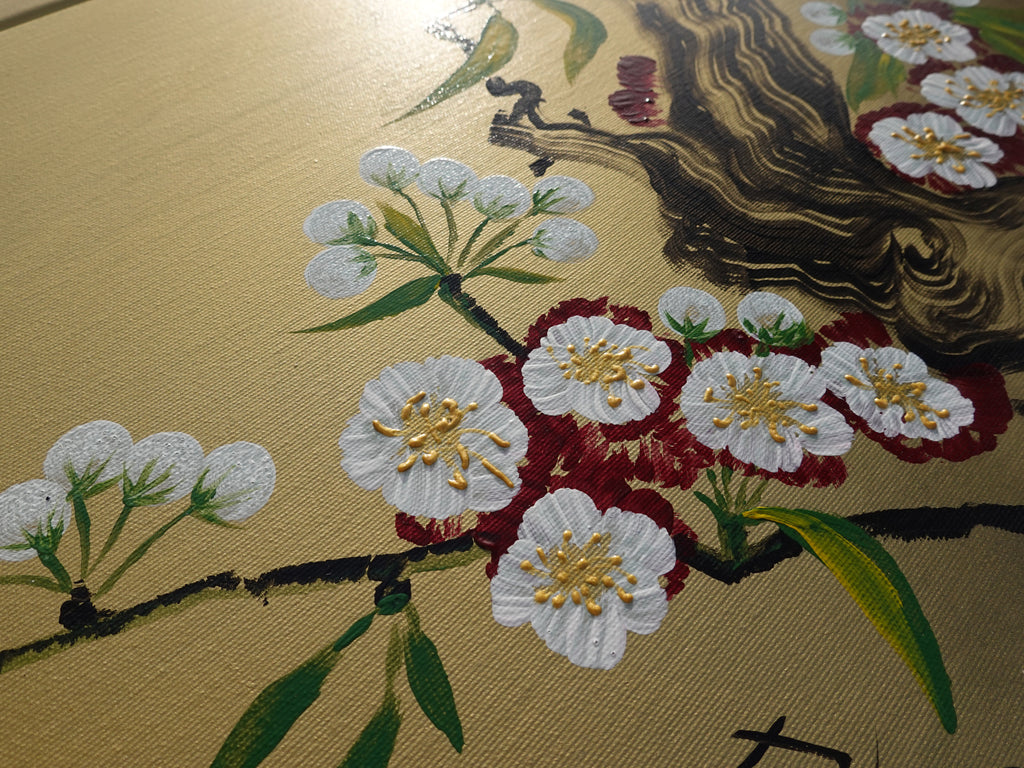 Sakura J345 is a large-scale Japanese-inspired gold diptych.
Original Acrylic Painting on stretched canvas by artist Ksavera.