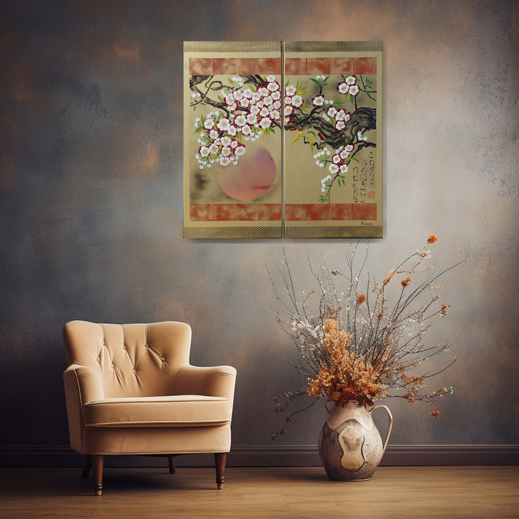 Sakura J345 is a large-scale Japanese-inspired gold diptych.
Original Acrylic Painting on stretched canvas by artist Ksavera.
