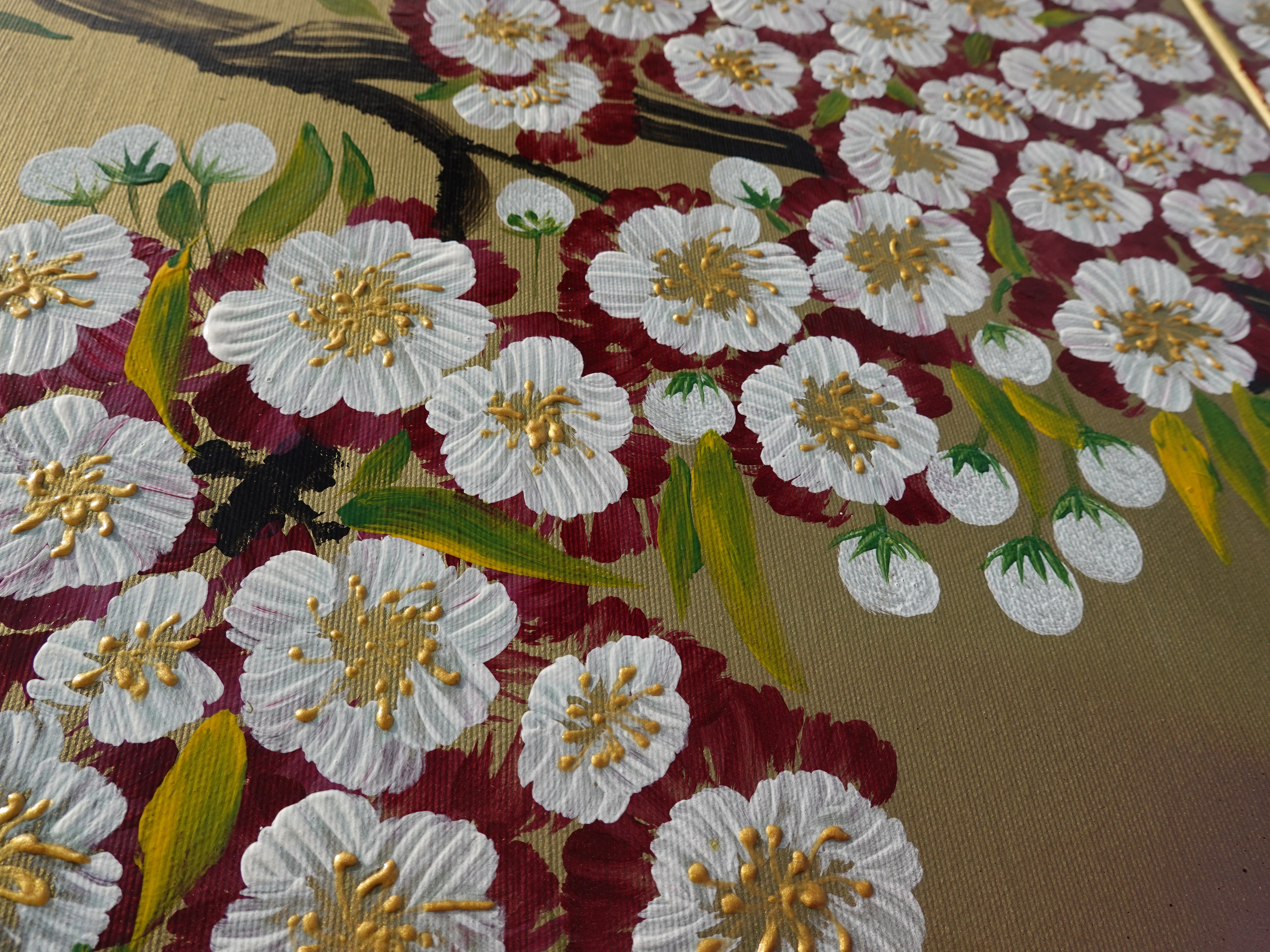 Sakura J345 is a large-scale Japanese-inspired gold diptych.
Original Acrylic Painting on stretched canvas by artist Ksavera.