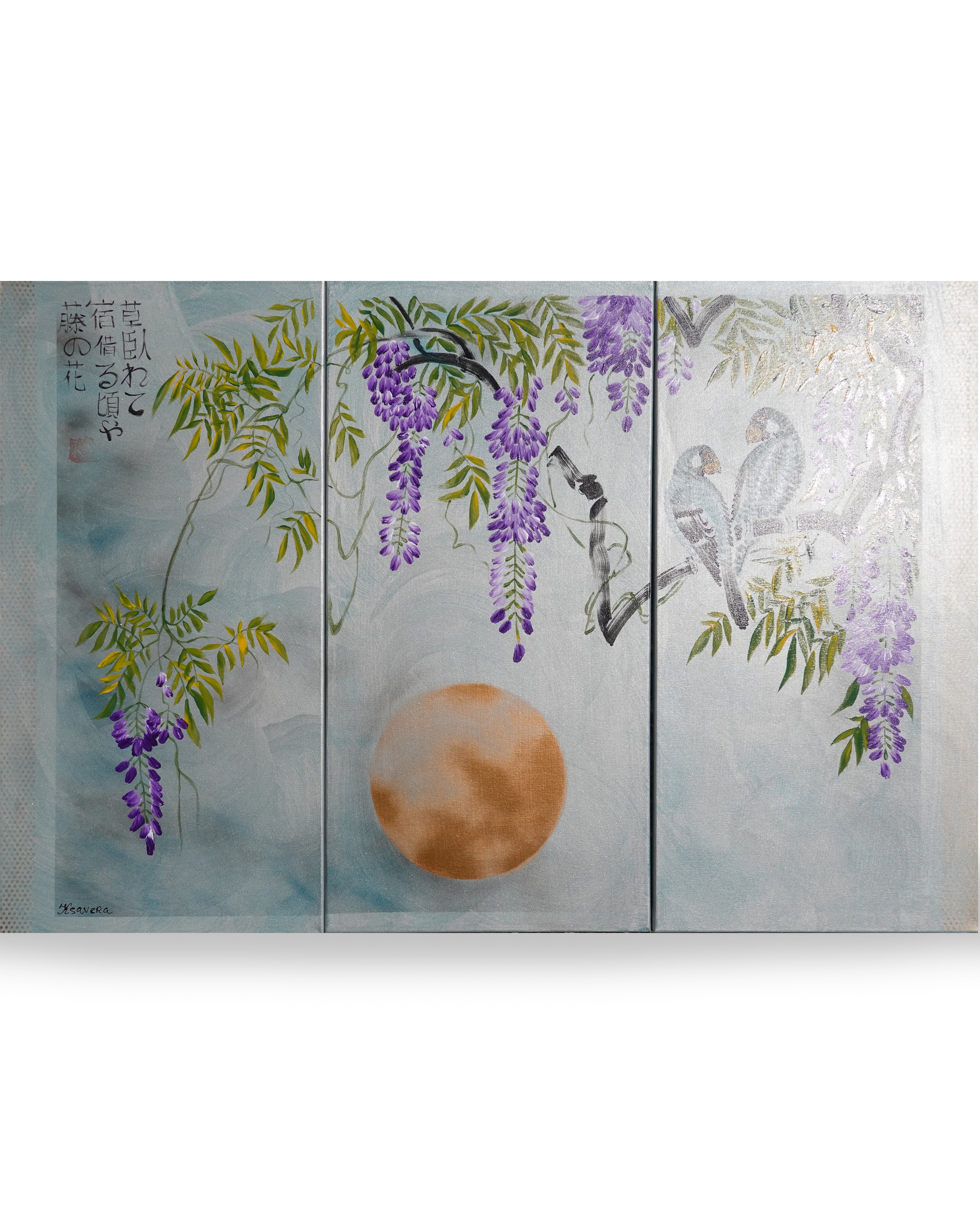 Wisteria J287 large Japanese silver triptych - original paintings by Ksavera