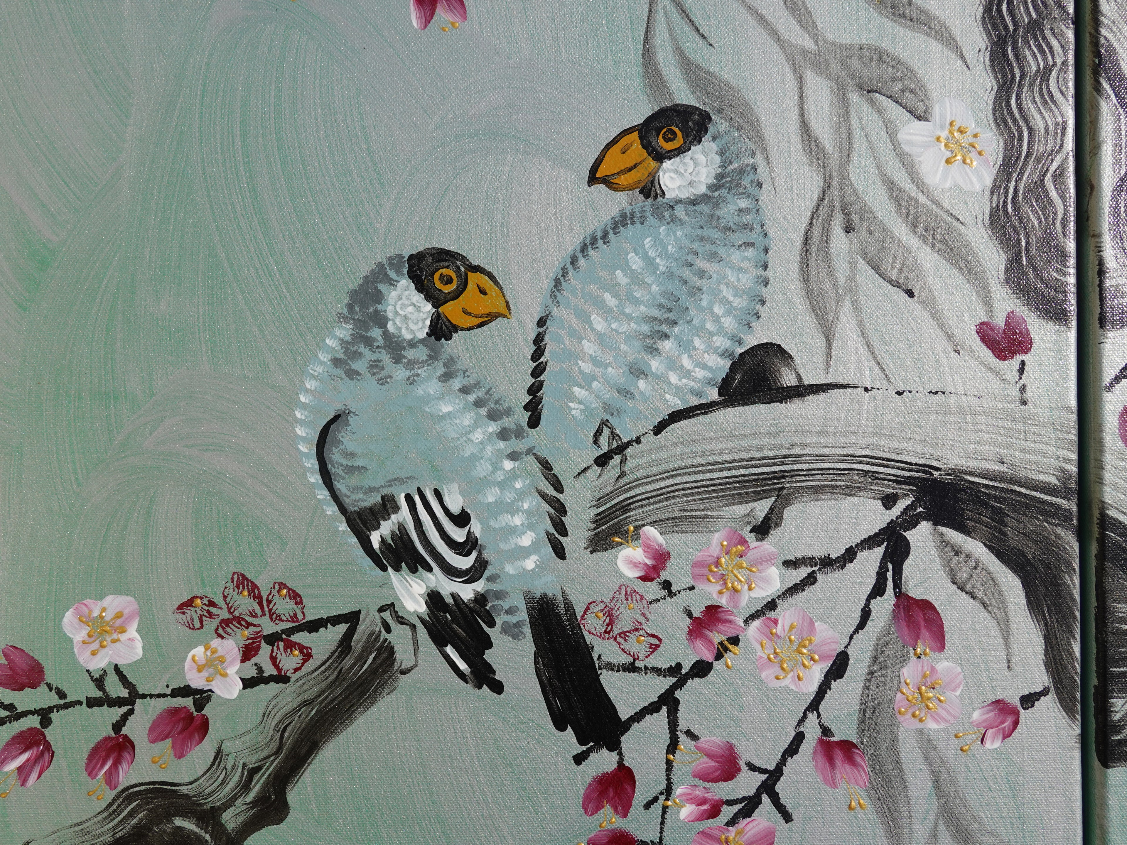 Love Birds J289 large Japanese silver green triptych - original painting by Ksavera