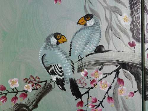 Love Birds J289 large Japanese silver green triptych - original painting by Ksavera