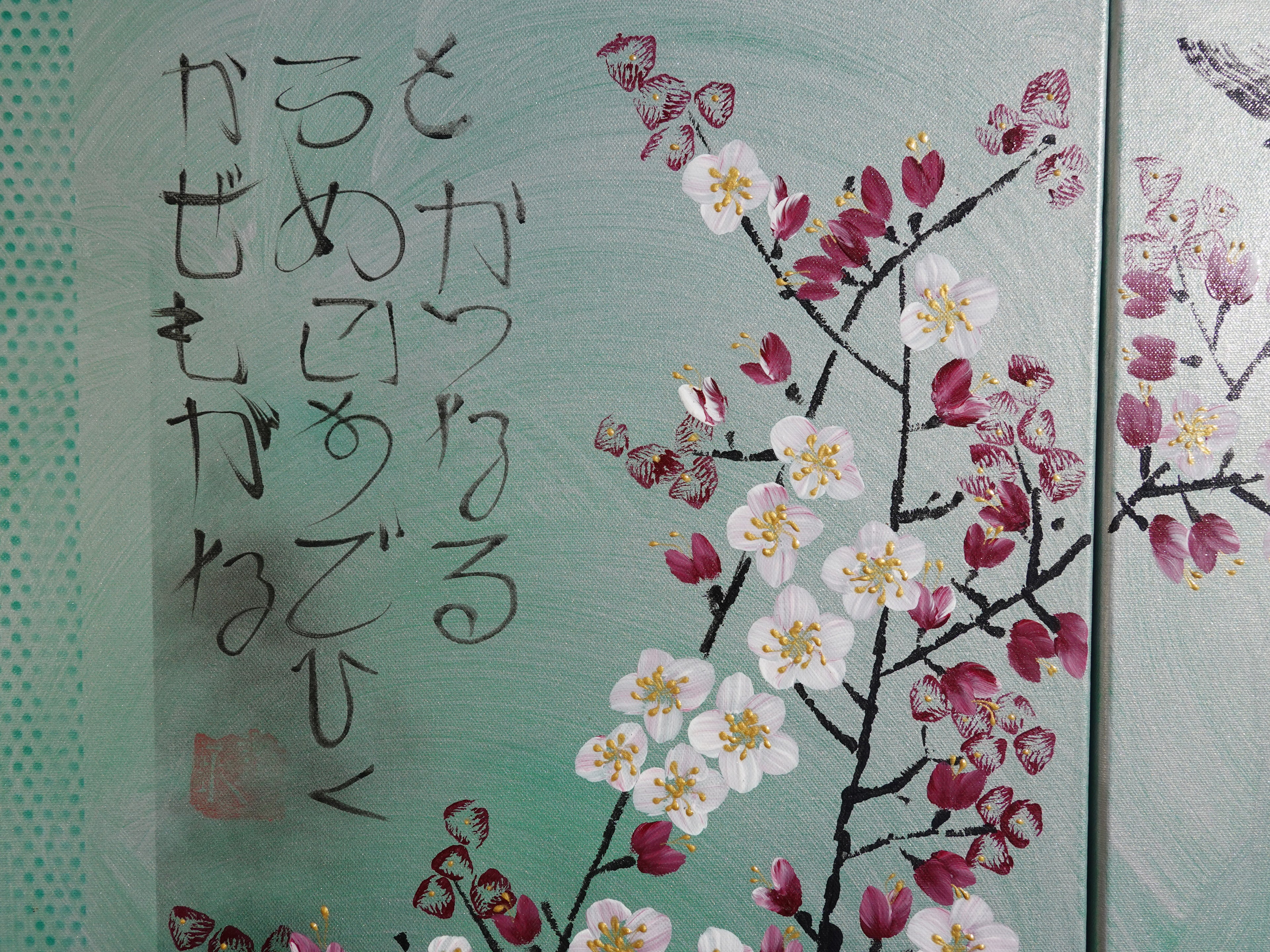 Love Birds J289 large Japanese silver green triptych - original painting by Ksavera