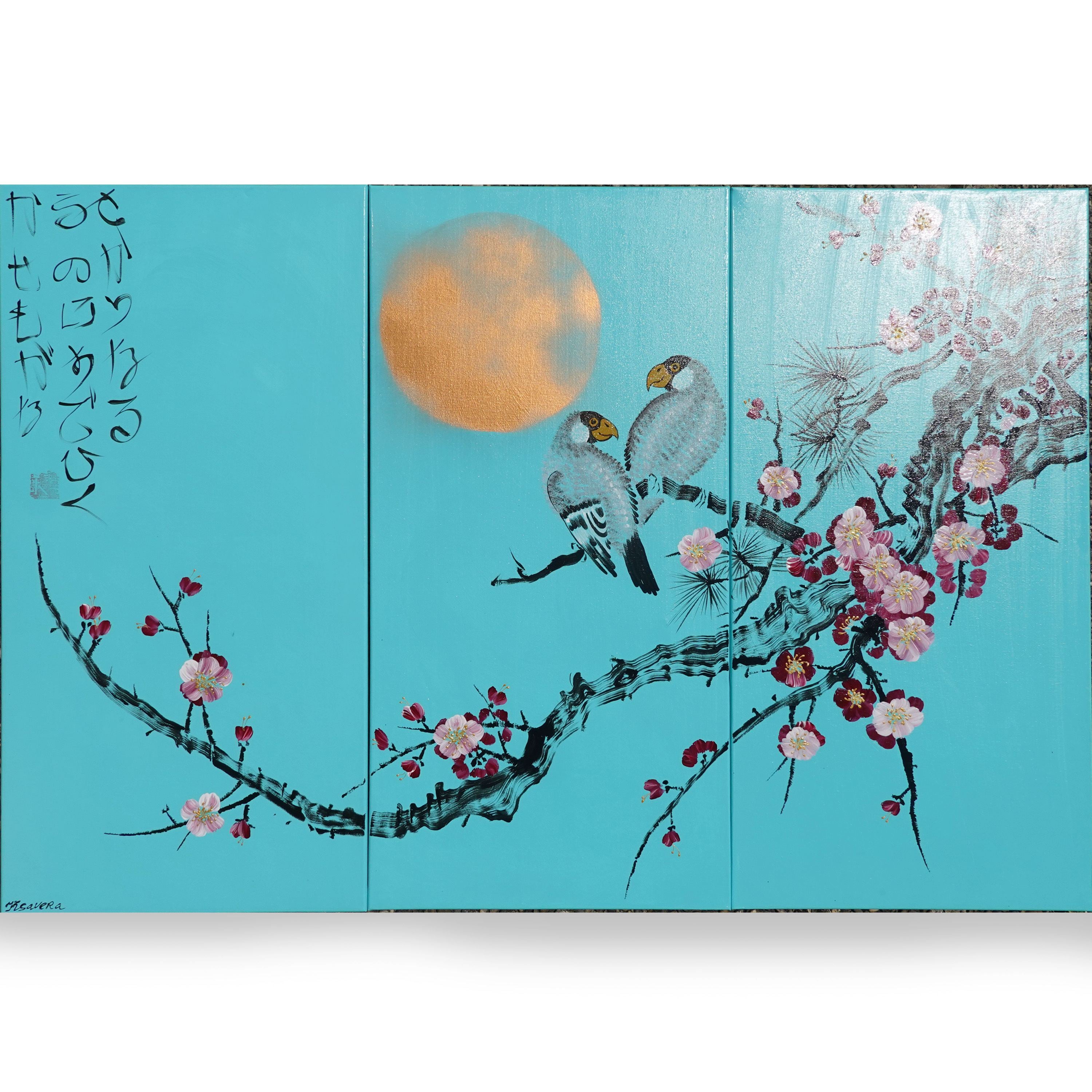 Sakura et oiseaux amoureux J290 est un grand triptyque japonais turquoise - Peinture acrylique originale sur toile tendue de l'artiste Ksavera.