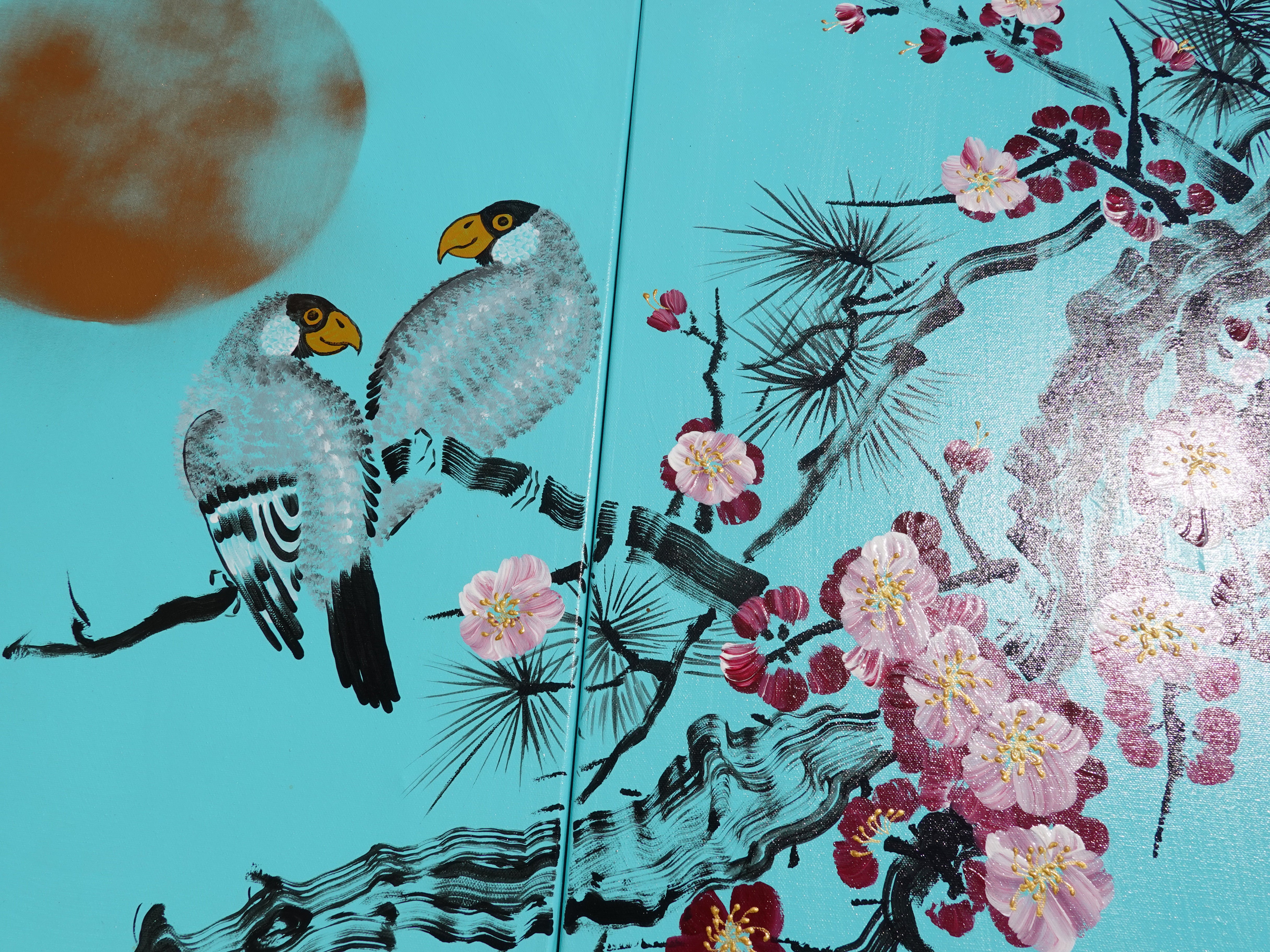 Sakura love birds J290 Japanese turquoise triptych Painting