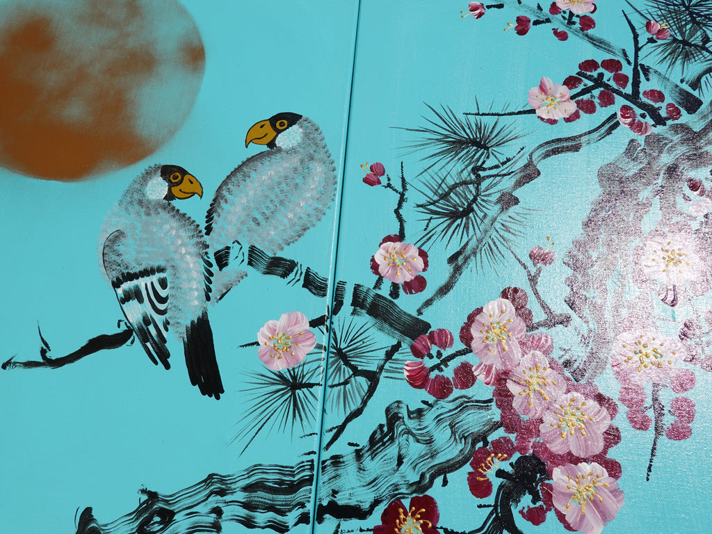 Sakura et oiseaux amoureux J290 est un grand triptyque japonais turquoise - Peinture acrylique originale sur toile tendue de l'artiste Ksavera.