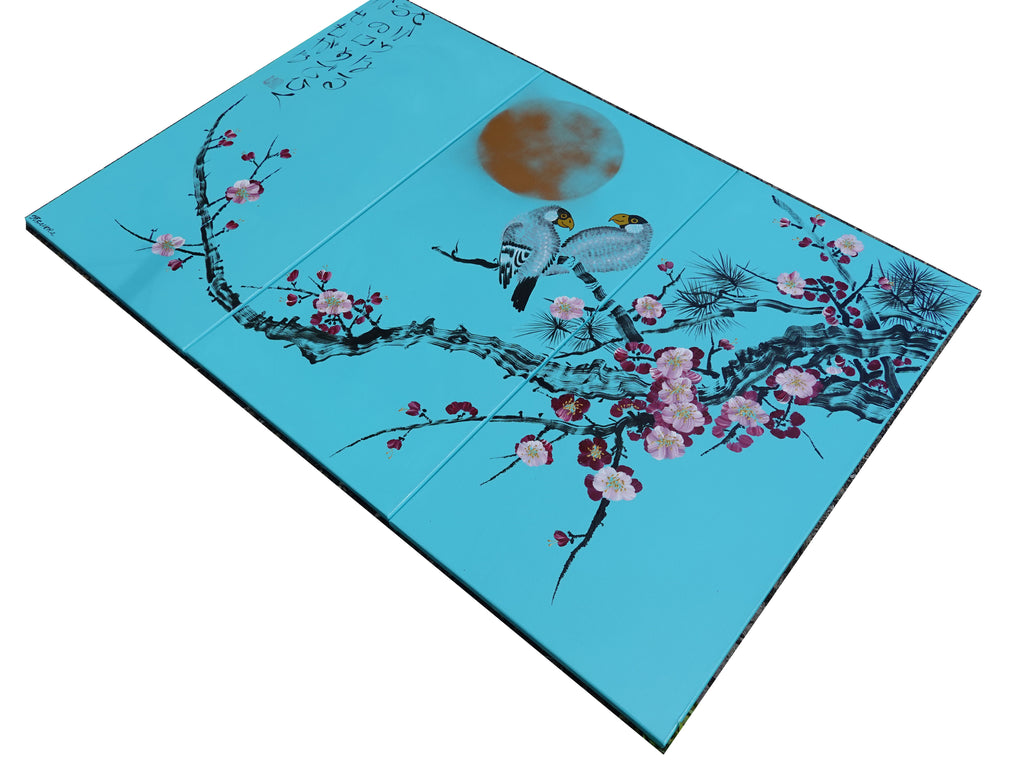 Sakura et oiseaux amoureux J290 est un grand triptyque japonais turquoise - Peinture acrylique originale sur toile tendue de l'artiste Ksavera.