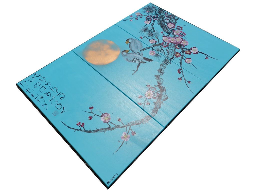 Sakura et oiseaux amoureux J290 est un grand triptyque japonais turquoise - Peinture acrylique originale sur toile tendue de l'artiste Ksavera.