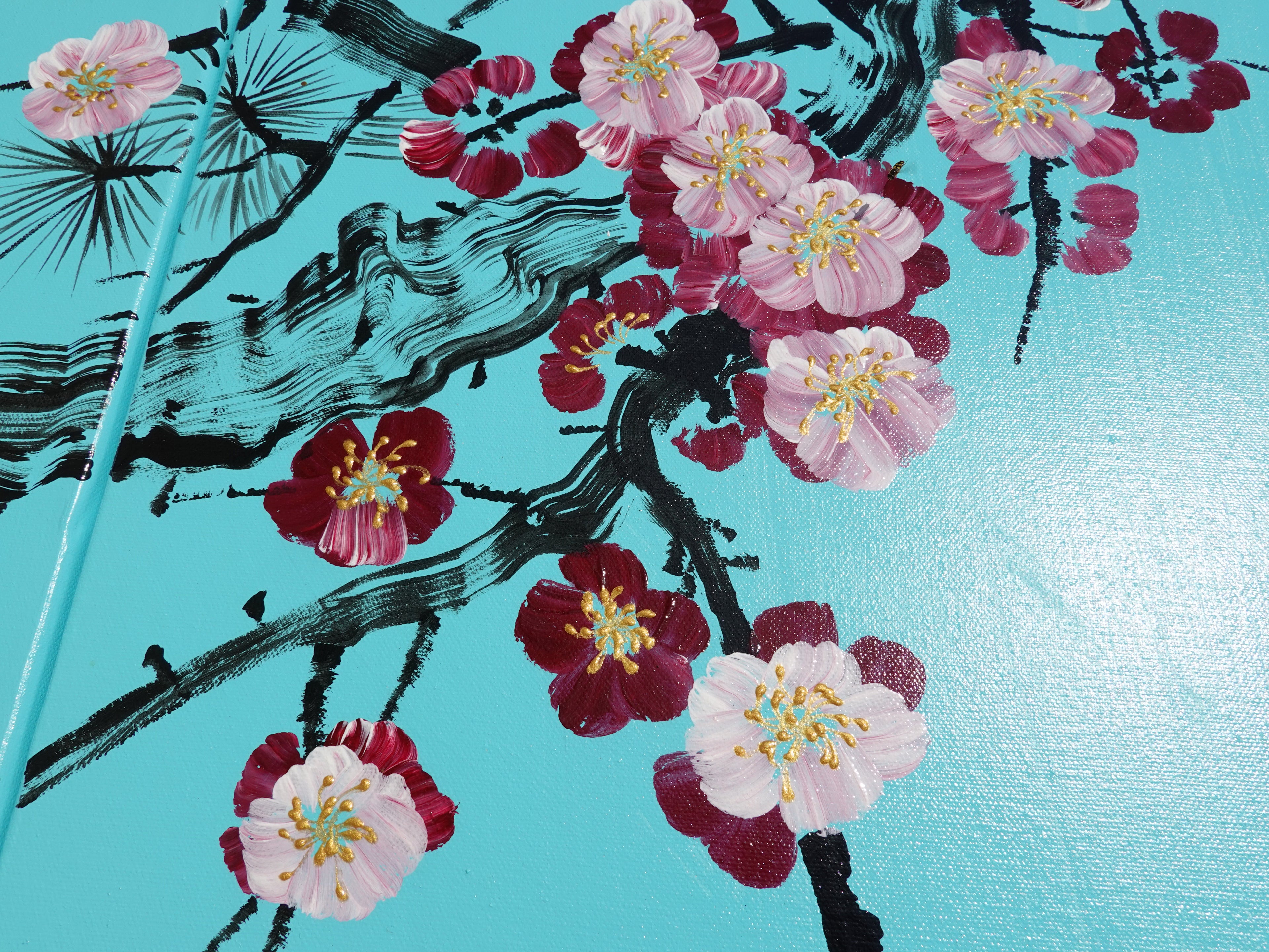Sakura et oiseaux amoureux J290 est un grand triptyque japonais turquoise - Peinture acrylique originale sur toile tendue de l'artiste Ksavera.