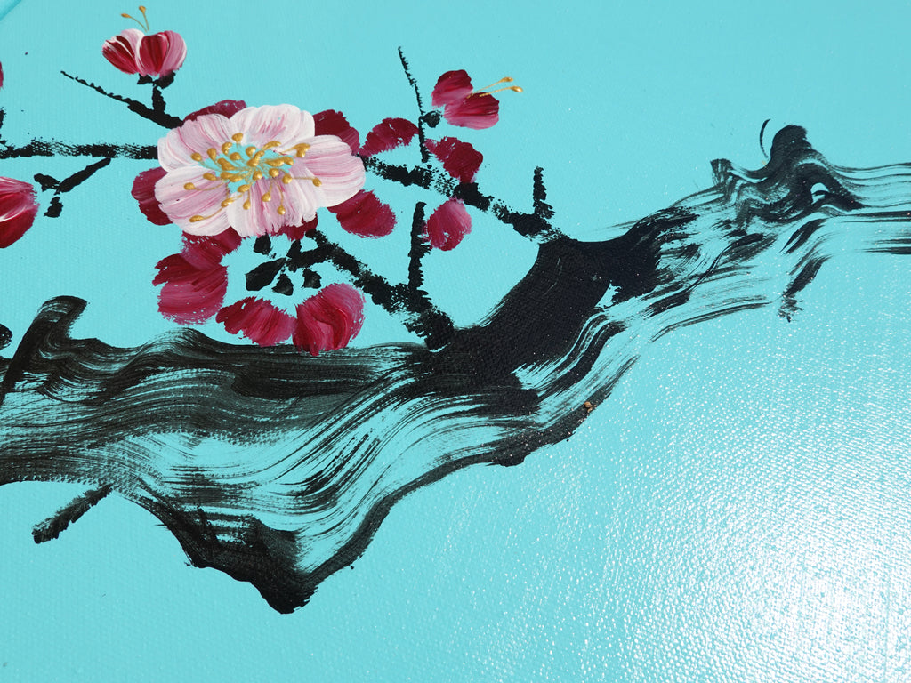 Sakura et oiseaux amoureux J290 est un grand triptyque japonais turquoise - Peinture acrylique originale sur toile tendue de l'artiste Ksavera.