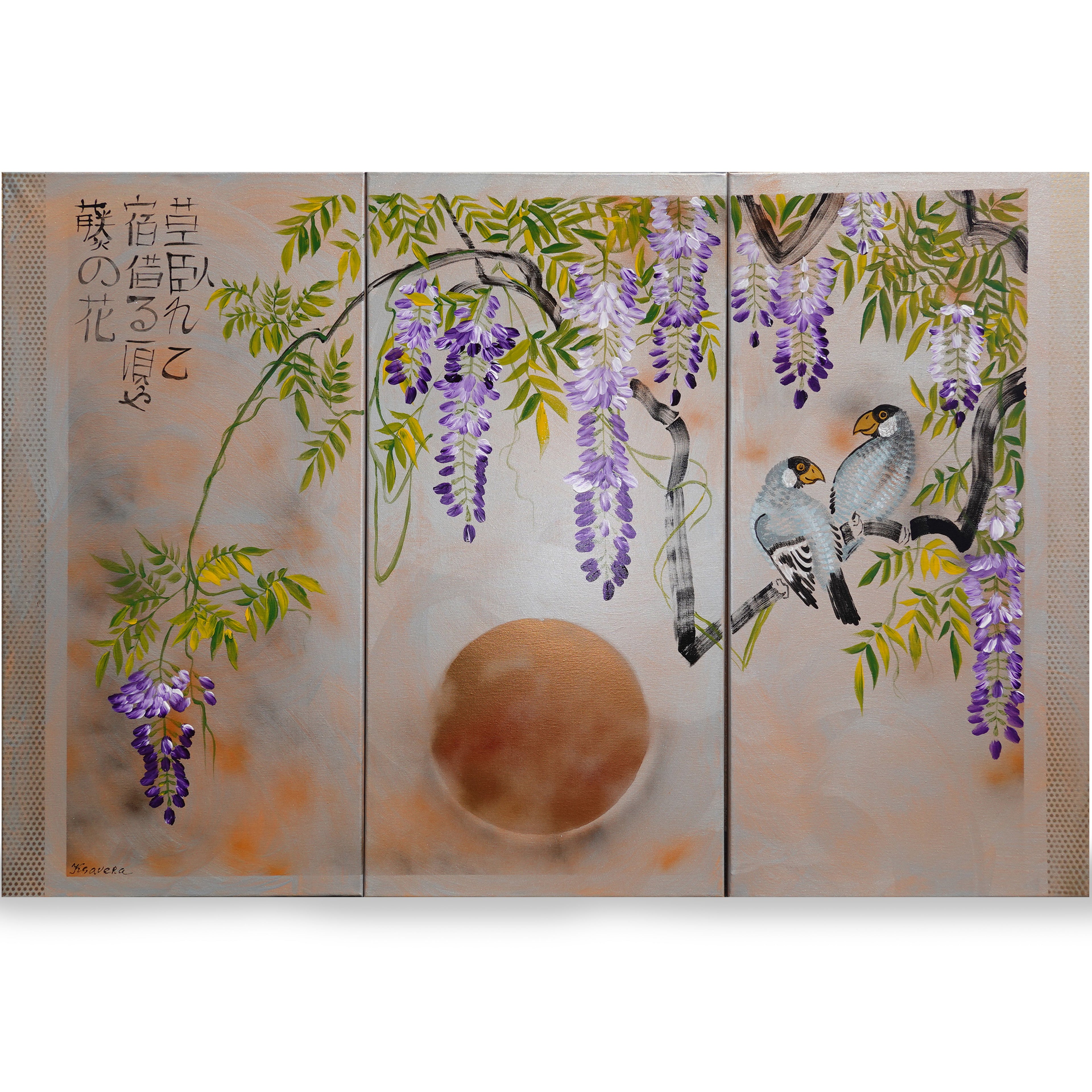 Wisteria and love birds J303 Large japanese triptych - original paintings by Ksavera