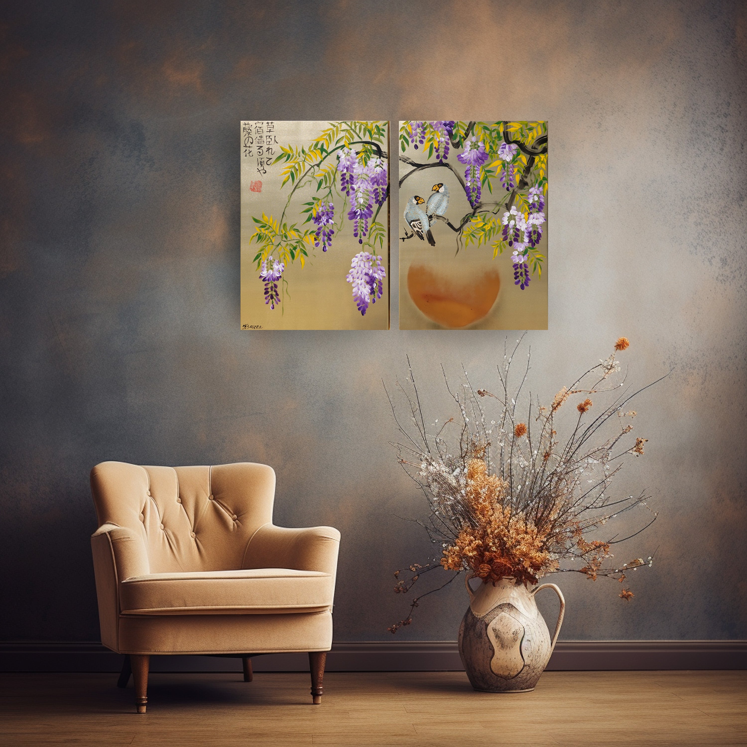 Wisteria and love birds J321 is a Japanese diptych. Original Acrylic Paintings on stretched gold canvas by artist Ksavera