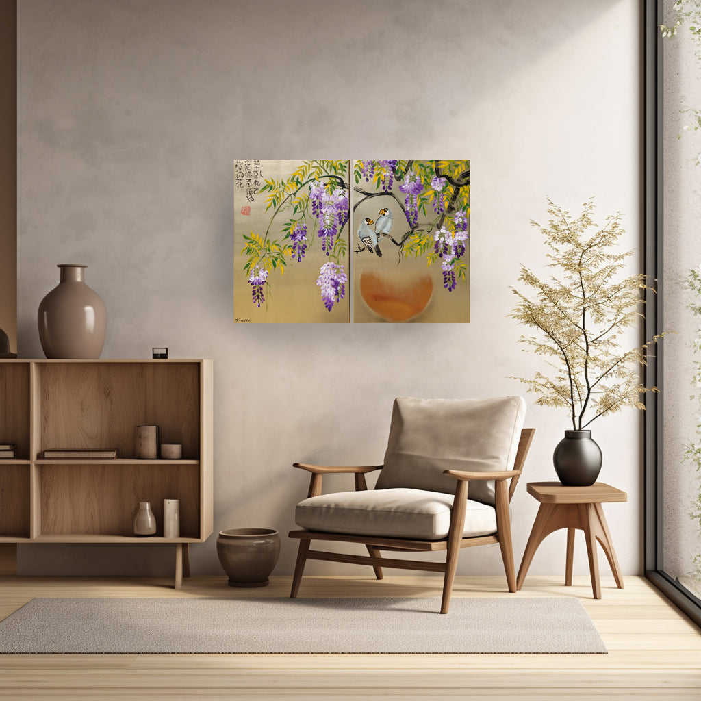 Wisteria and love birds J321 is a Japanese diptych. Original Acrylic Paintings on stretched gold canvas by artist Ksavera