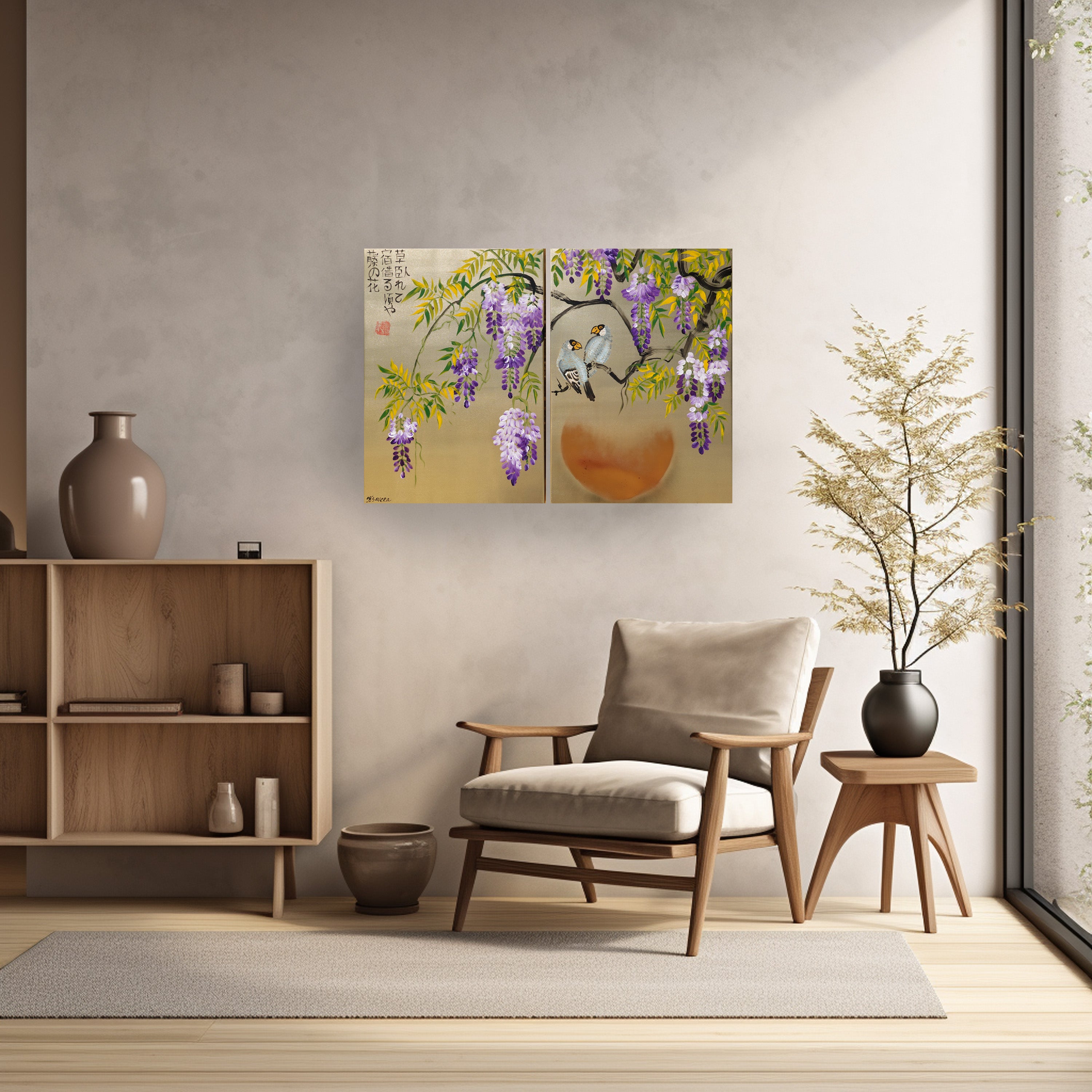Wisteria and love birds J321 is a Japanese diptych. Original Acrylic Paintings on stretched gold canvas by artist Ksavera