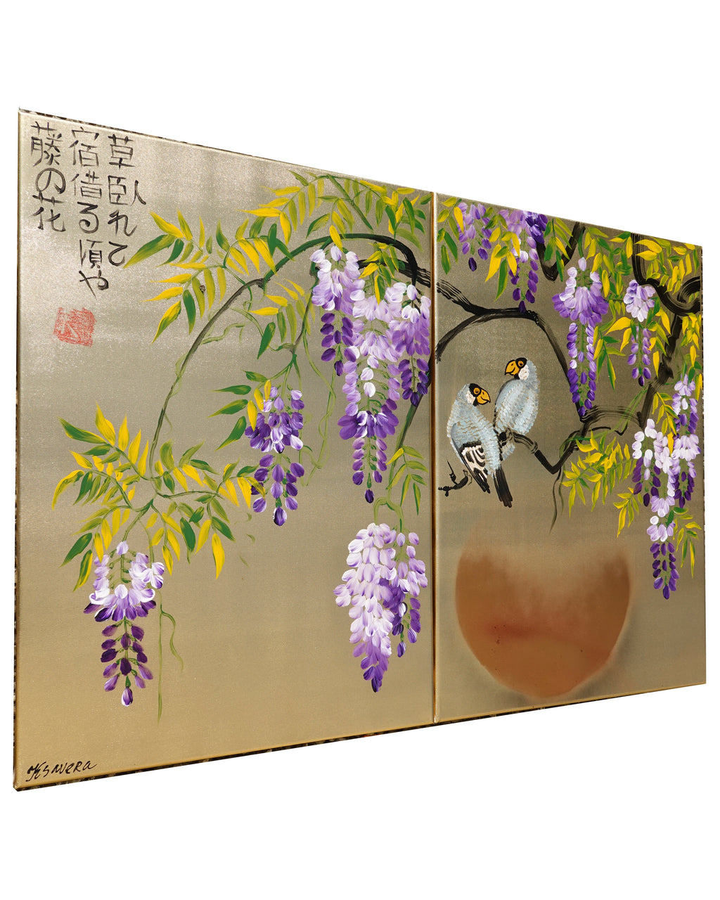 Wisteria and love birds J321 is a Japanese diptych. Original Acrylic Paintings on stretched gold canvas by artist Ksavera