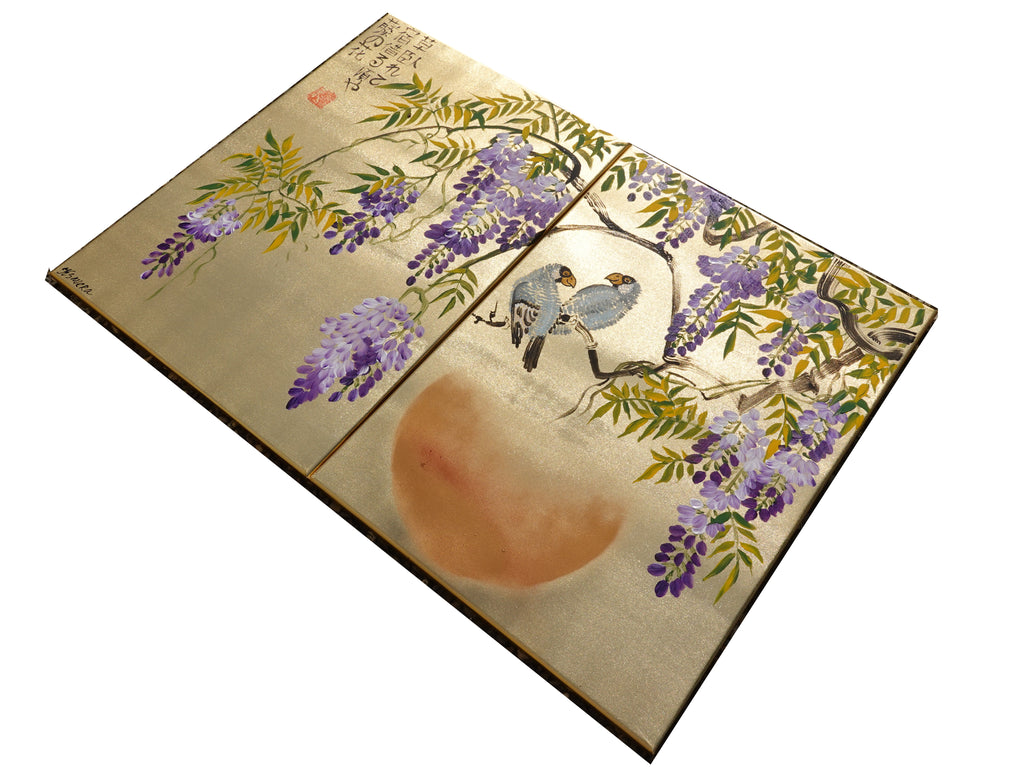 Wisteria and love birds J321 is a Japanese diptych. Original Acrylic Paintings on stretched gold canvas by artist Ksavera