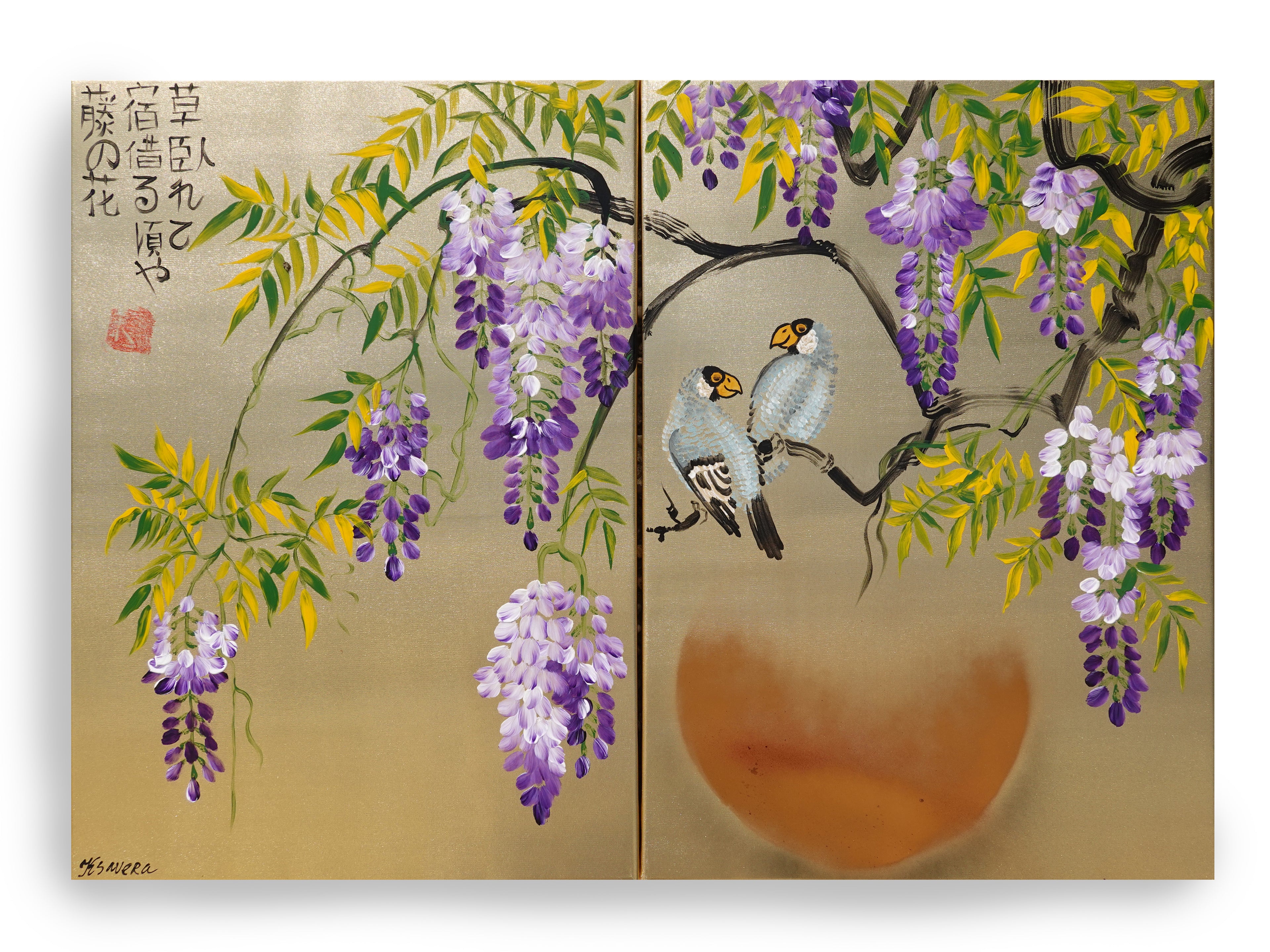 Wisteria and love birds J321 is a Japanese diptych. Original Acrylic Paintings on stretched gold canvas by artist Ksavera
