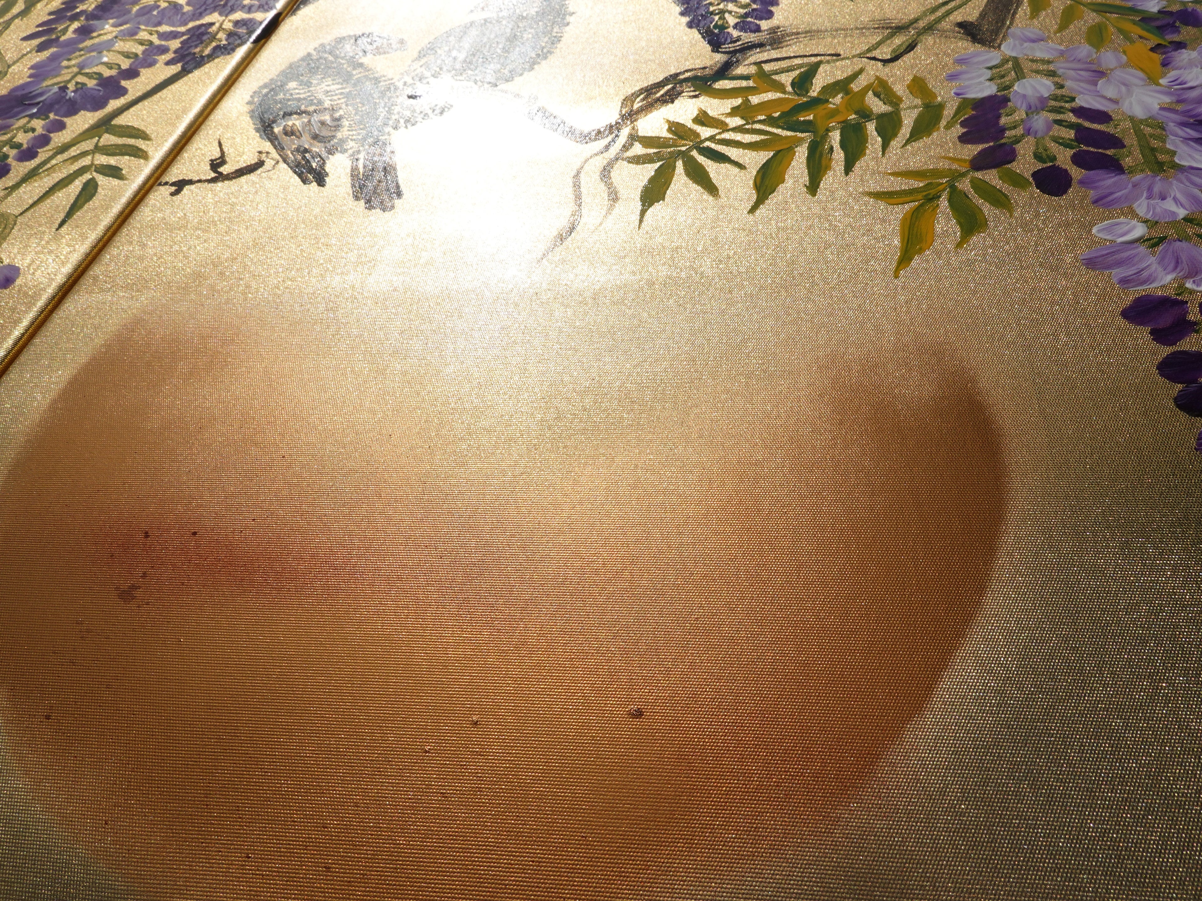 Wisteria and love birds J321 is a Japanese diptych. Original Acrylic Paintings on stretched gold canvas by artist Ksavera