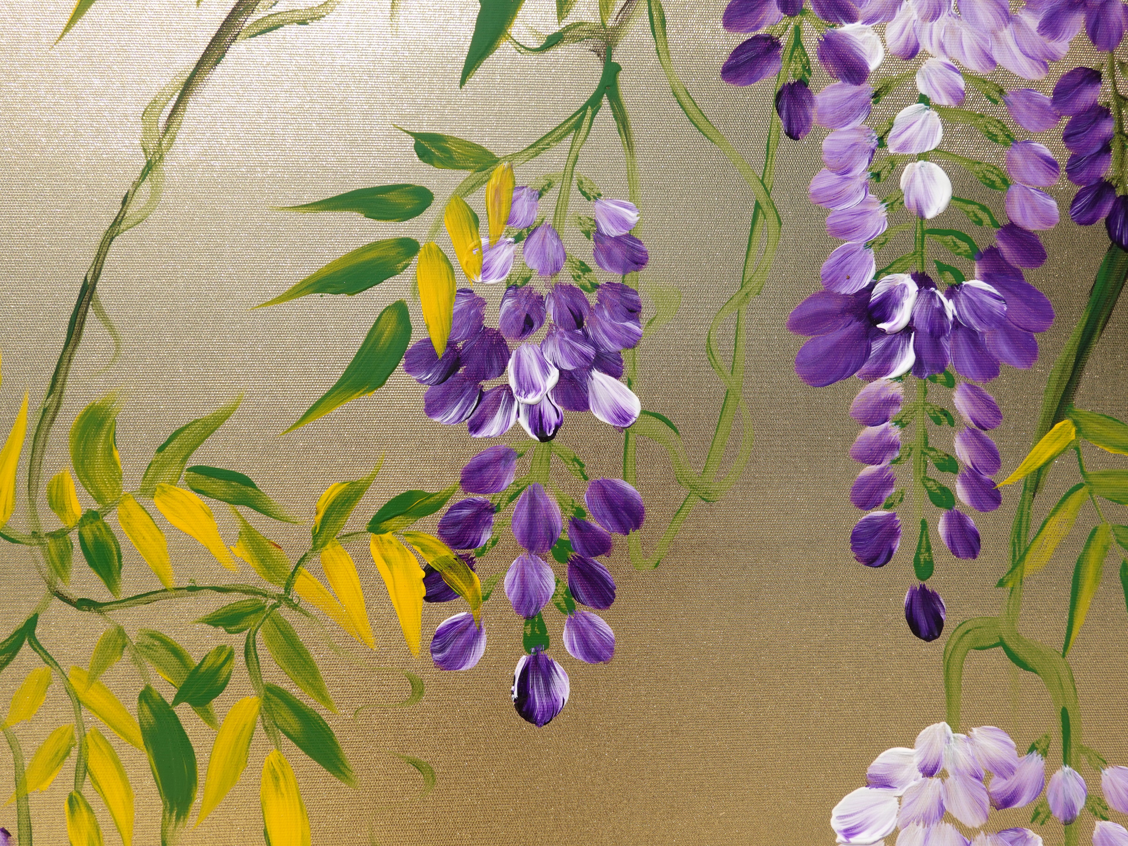 Wisteria and love birds J321 is a Japanese diptych. Original Acrylic Paintings on stretched gold canvas by artist Ksavera