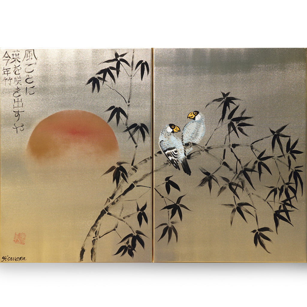 Bamboo and love birds J322 is a Japanese diptych. Original Acrylic Painting on stretched gold canvas by artist Ksavera