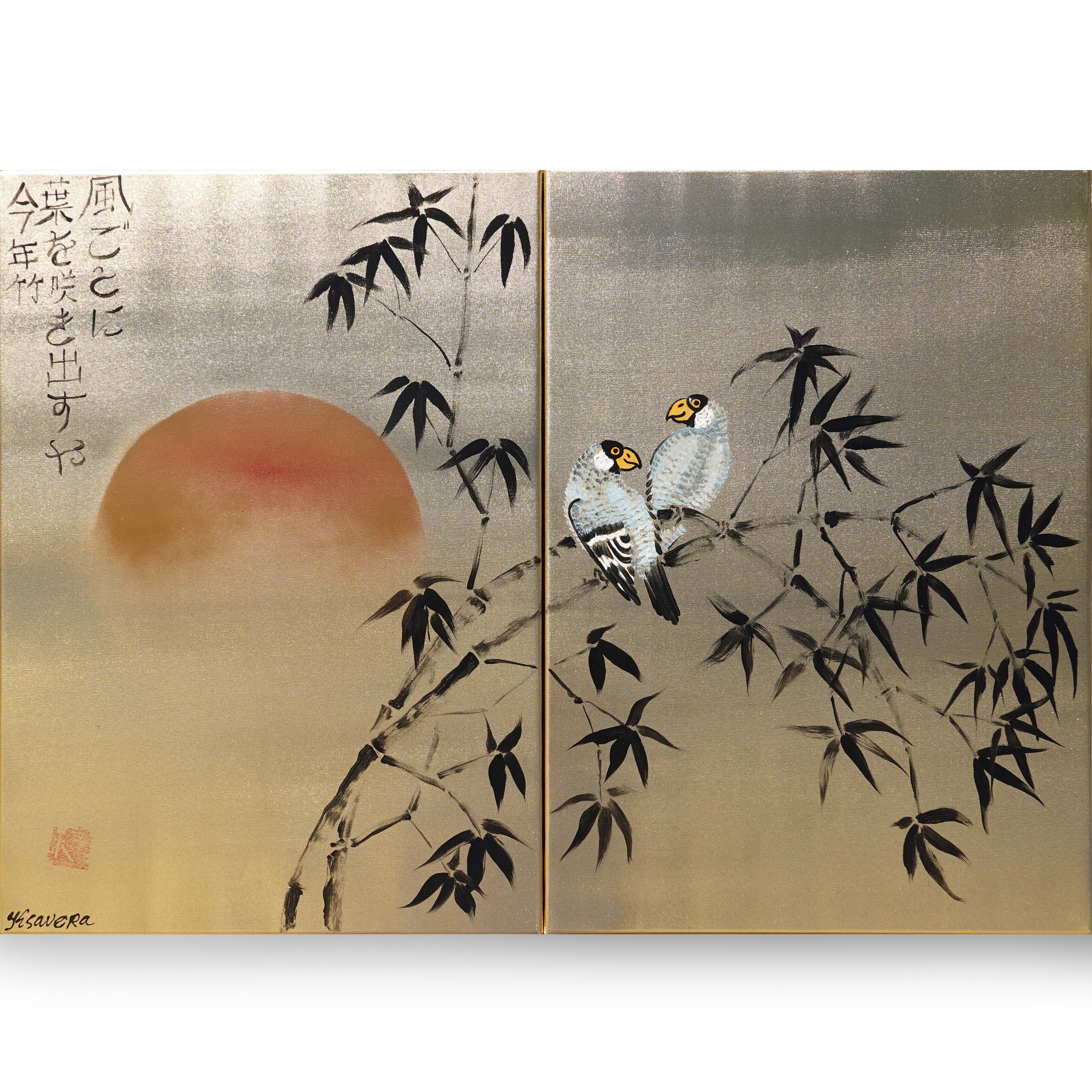 Bamboo and love birds J322 is a Japanese diptych. Original Acrylic Painting on stretched gold canvas by artist Ksavera