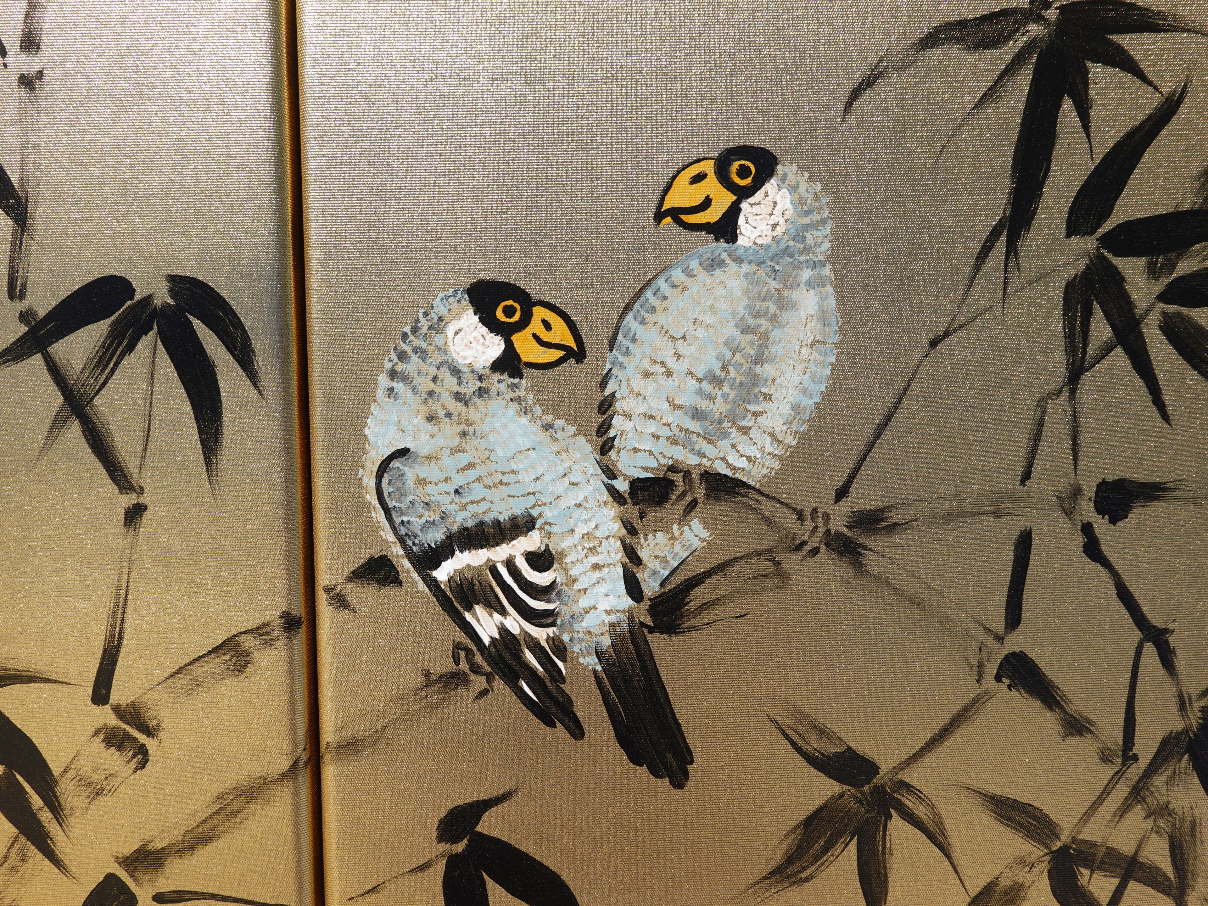 Bamboo and love birds J322 is a Japanese diptych. Original Acrylic Painting on stretched gold canvas by artist Ksavera