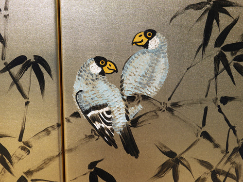 Bamboo and love birds J322 is a Japanese diptych. Original Acrylic Painting on stretched gold canvas by artist Ksavera